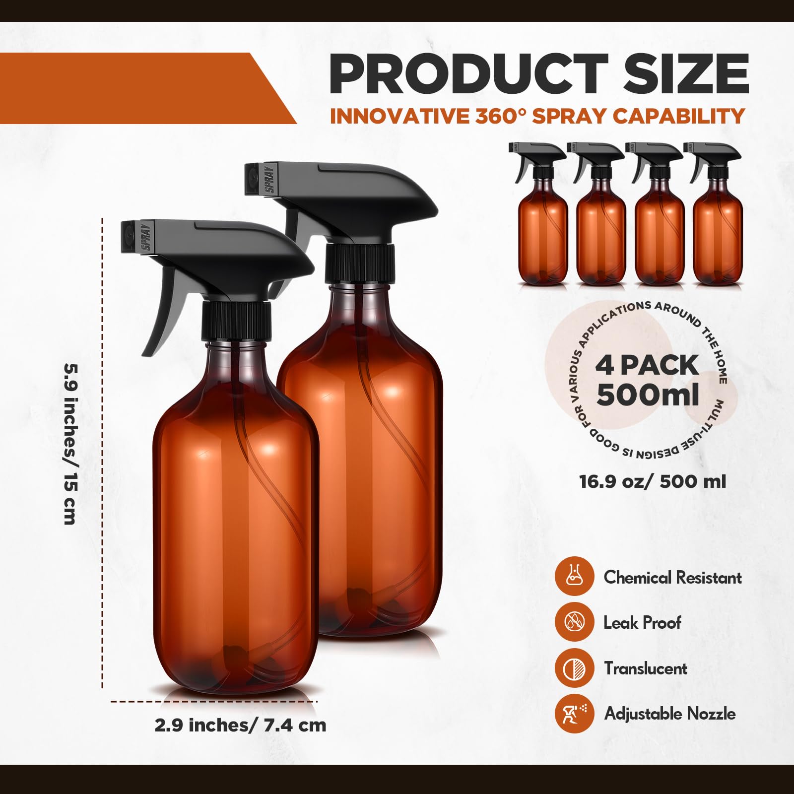 Honeydak 4 Pcs 360 Spray Bottles 16 Oz Upside Down Spray Bottles, Plastic Container Is Nice For Plants Cleaning Solutions Durabl
