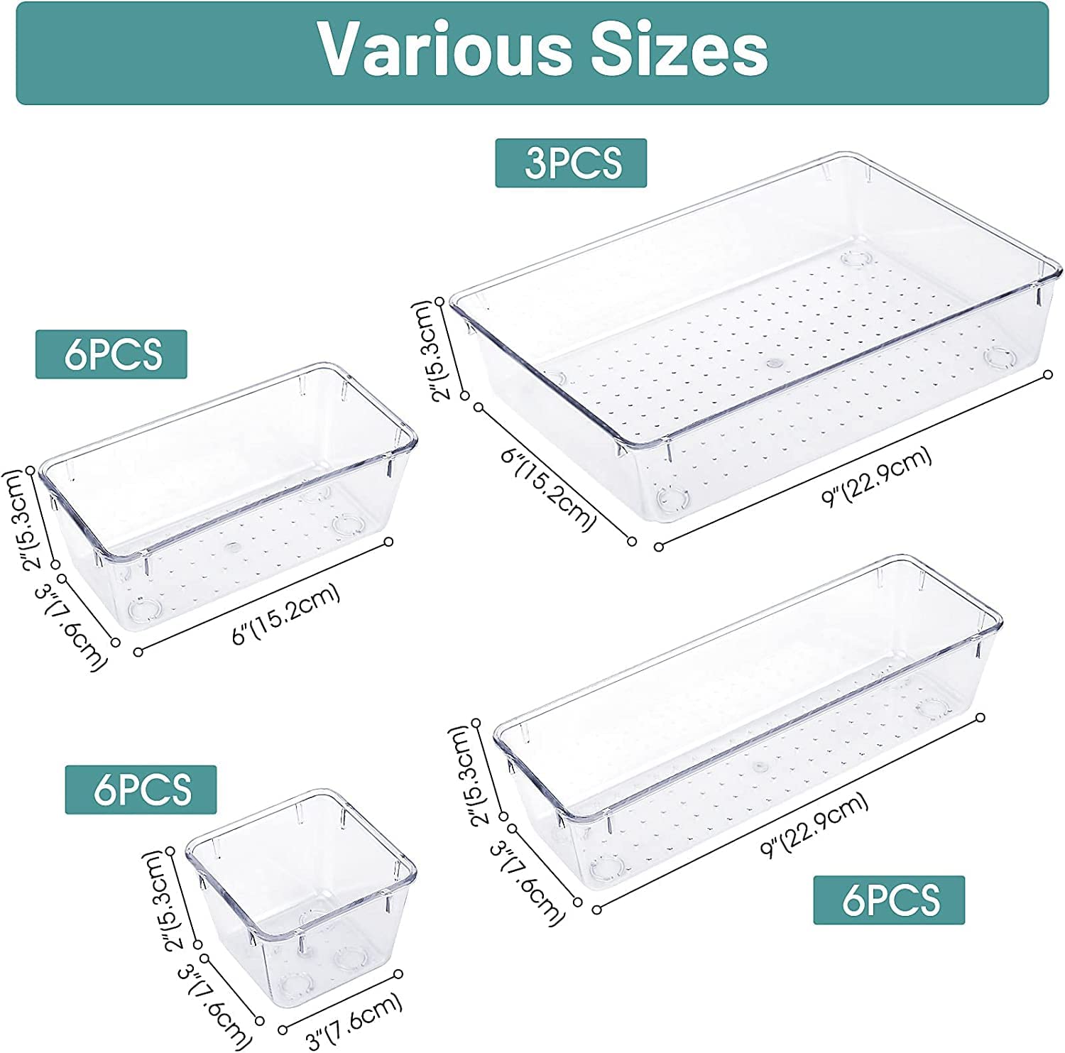 Zollyss Bathroom Drawer Tray Dividers Plastic Vanity Organizers Storage Bins for Makeup Dresser Tray, Clear (21 Pcs)
