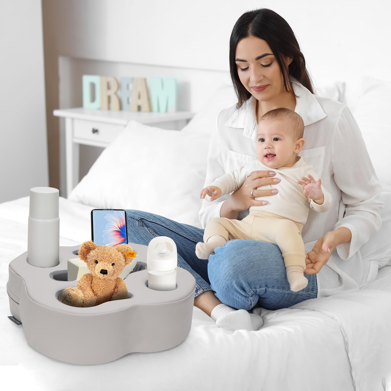 Healstok Couch Cup Holder Pillow, Sofa Organizer Caddy Bed Refreshment Tray For Drinks, Remotes, Phones, Snacks (Pugrey)