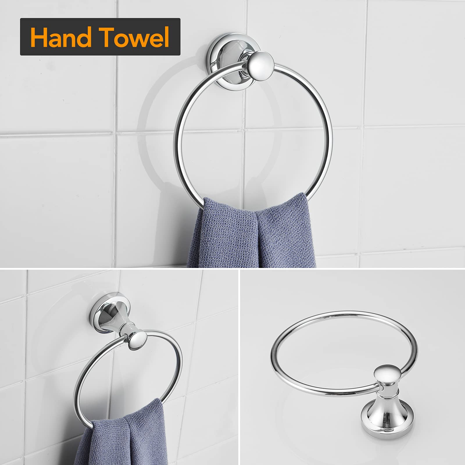 BESy Polished Chrome 4 Piece Bathroom Accessories Set (Single Towel Bar  Towel Ring  Toilet Paper Holder  Double Towel Hooks)  Wall Mounted Bath Hardware Accessory Fixtures Rack Set