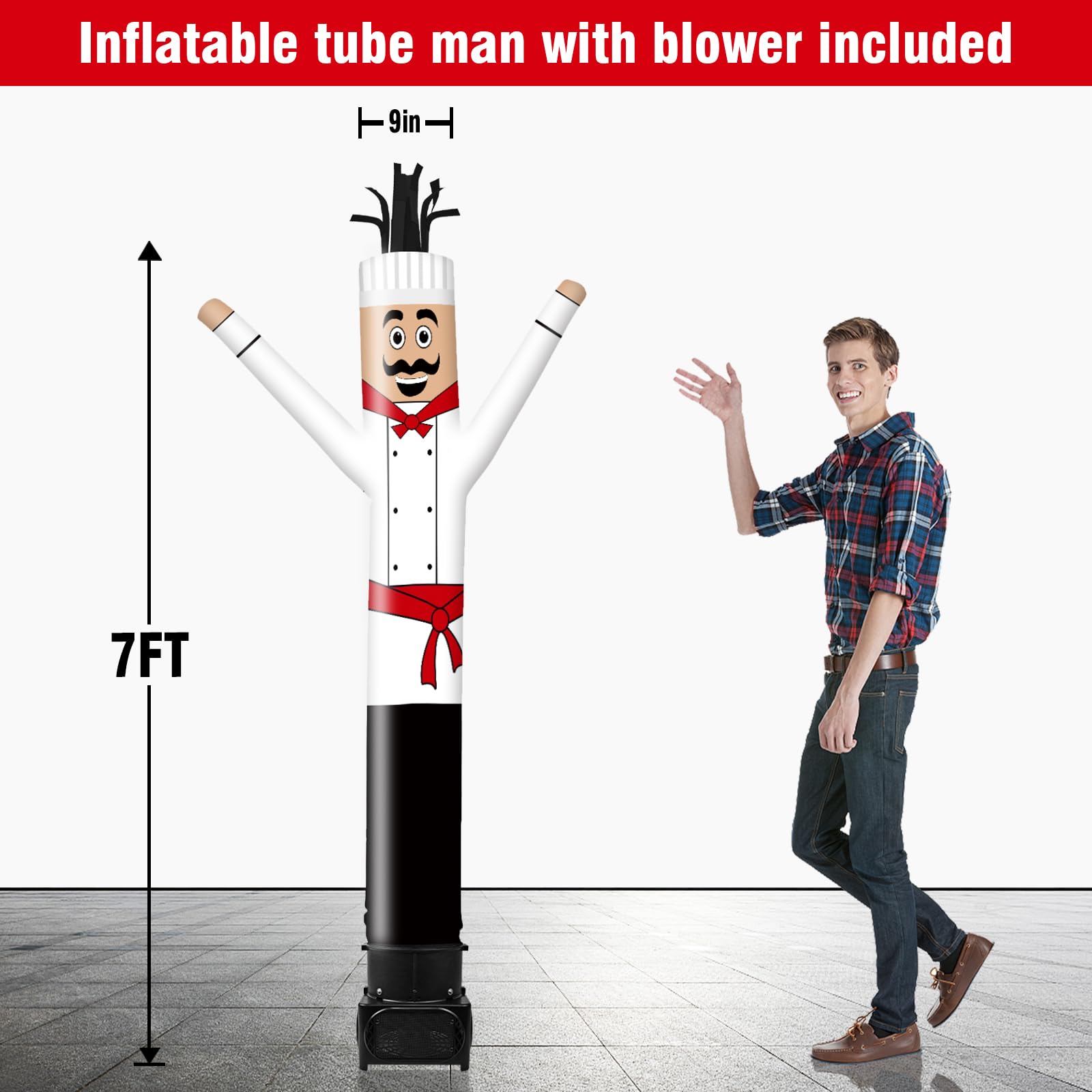 GOODENY 7FT Tall Inflatable Tube Man Chef Wacky Wavy Dancing Guy with Weather-Resistant Blower (9  Diameter) for Outdoor Decorat