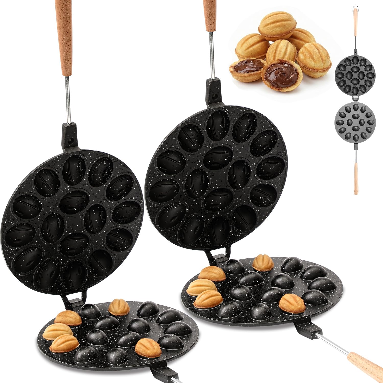 Fumete 2 Pack Oreshki Walnut Shaped Cookie Maker, 16 Wells Griddle, Black
