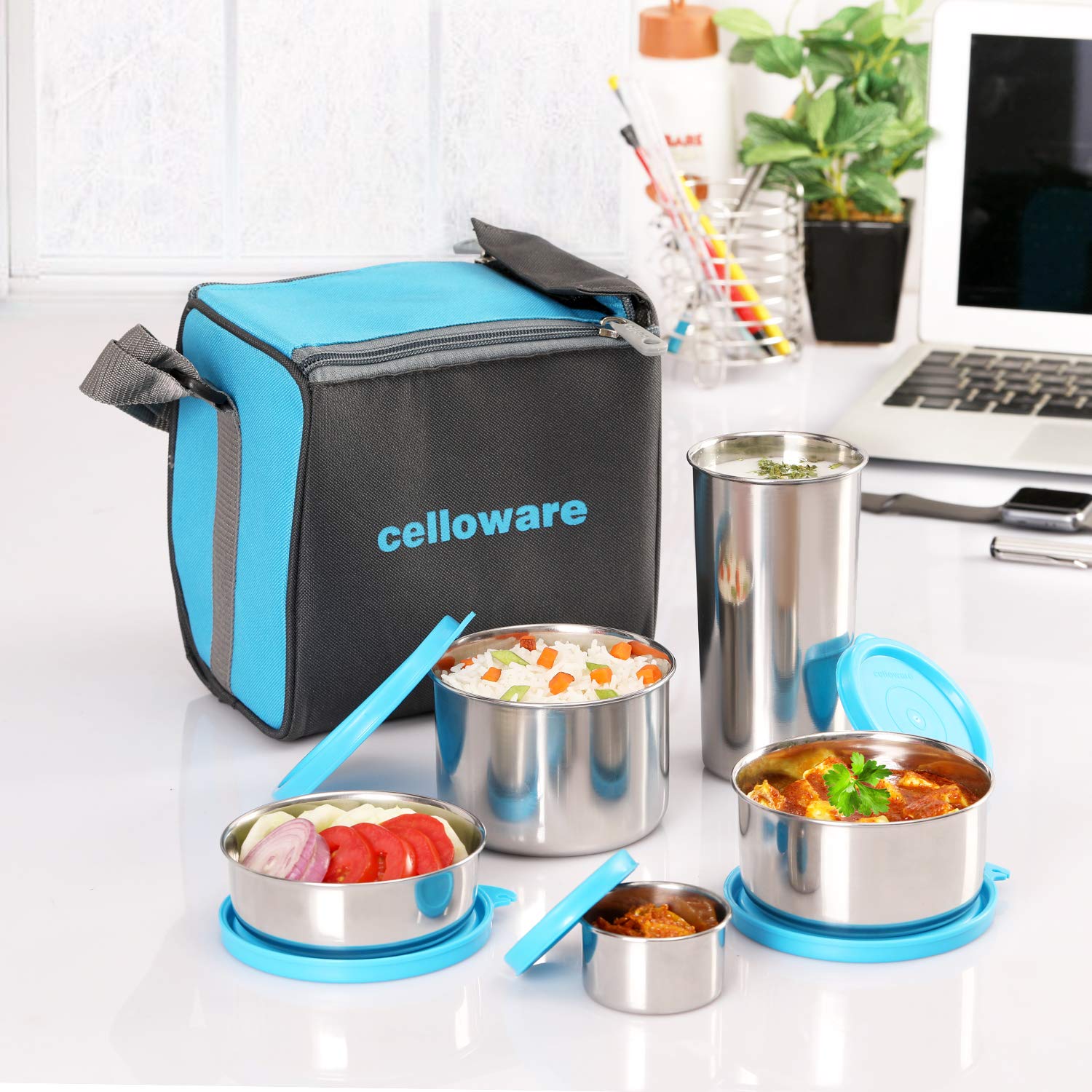 Cello Steelox Stainless Steel Lunch Box Combo 5-Unit, Blue, (Capacities - 50Ml, 225Ml, 375Ml, 550Ml, 375Ml Tumbler) | Stainless