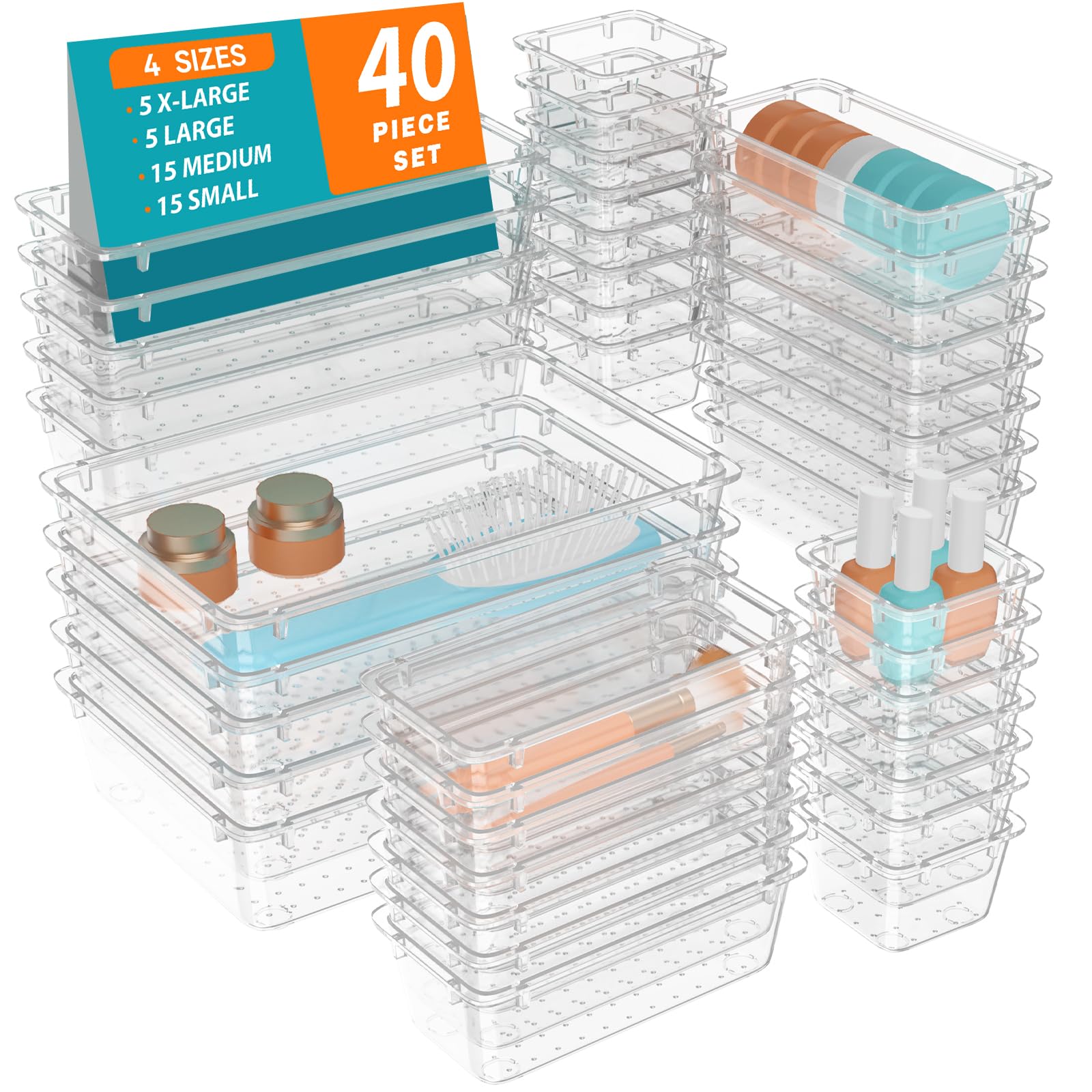 WOWBOX 40 PCS Clear Plastic Drawer Organizer Set, 4 Sizes Desk Drawer Organization and Storage Containers for Makeup, Cosmetics,