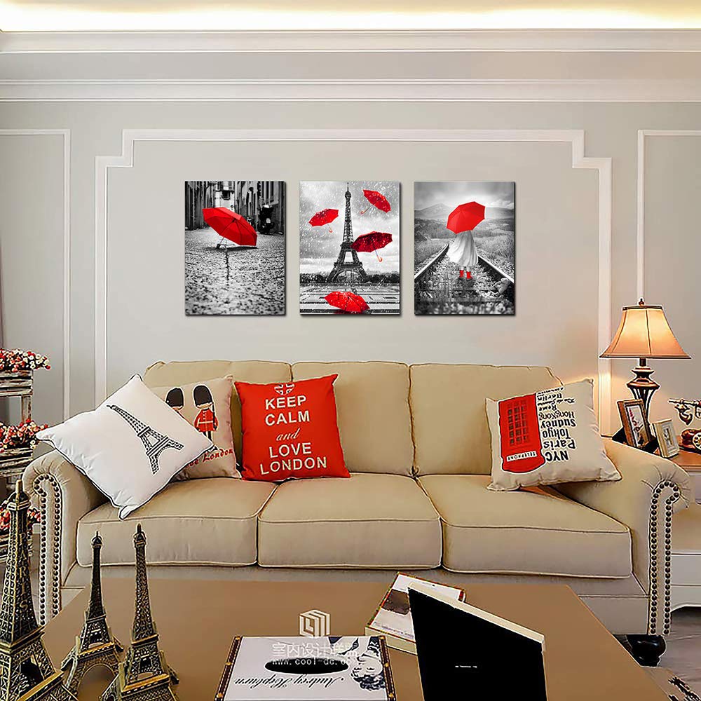 Black And White Landscape Eiffel Tower 3 Piece Wall Art For Living Room Bathroom Decorations Kitchen Wall Decor Modern Red Umbre