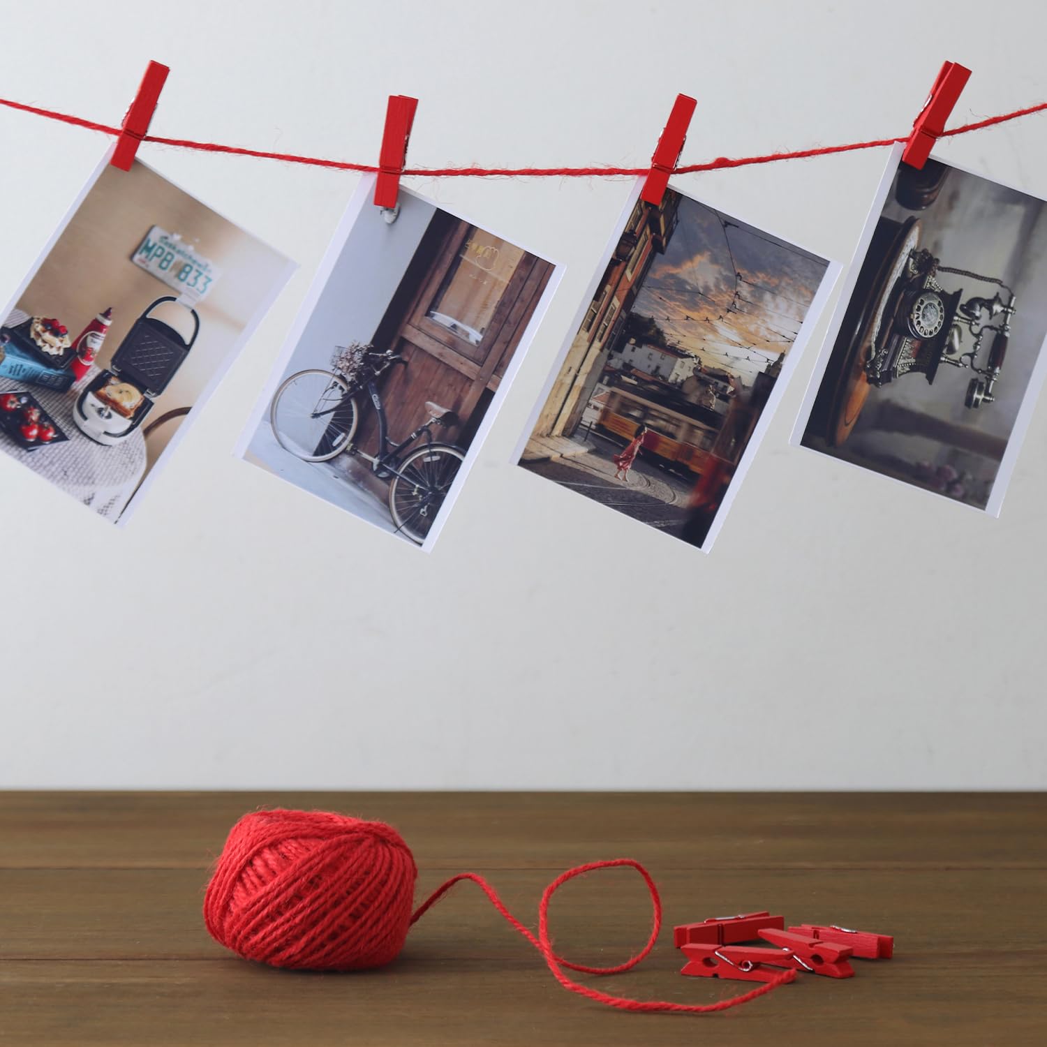 Hstech 100 Pcs Red Mini Natural Wooden Clothespins And 82 Ft Jute Twine, Baby Clothes Pins, 3.5 Cm Craft Photo Clips For Home Sc