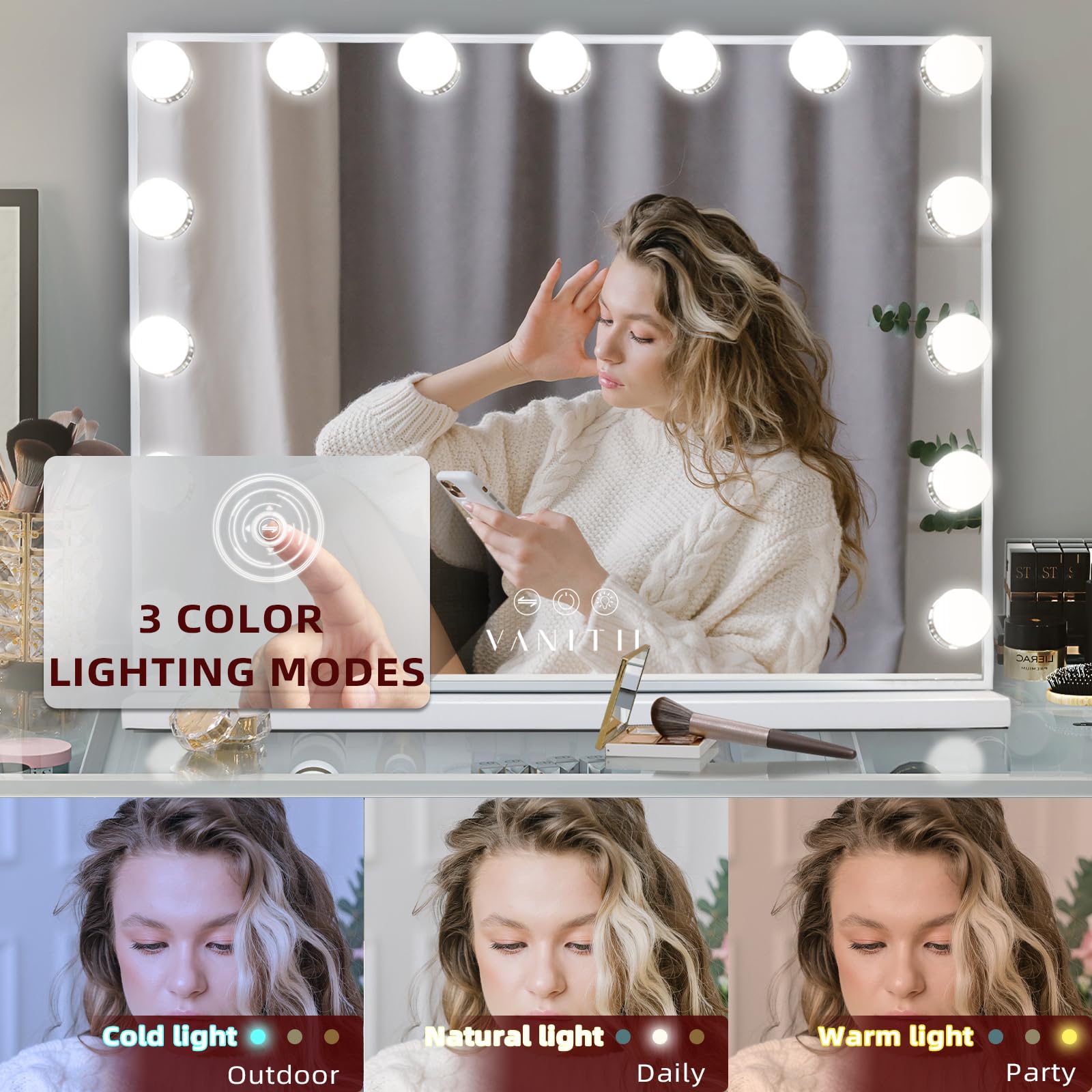 Vanitii Hollywood Vanity Mirror With Lights Usb Charging 22.8   *18.1    Lighted Makeup Mirror With 15 Led Bulbs Dimmable 3 Mode