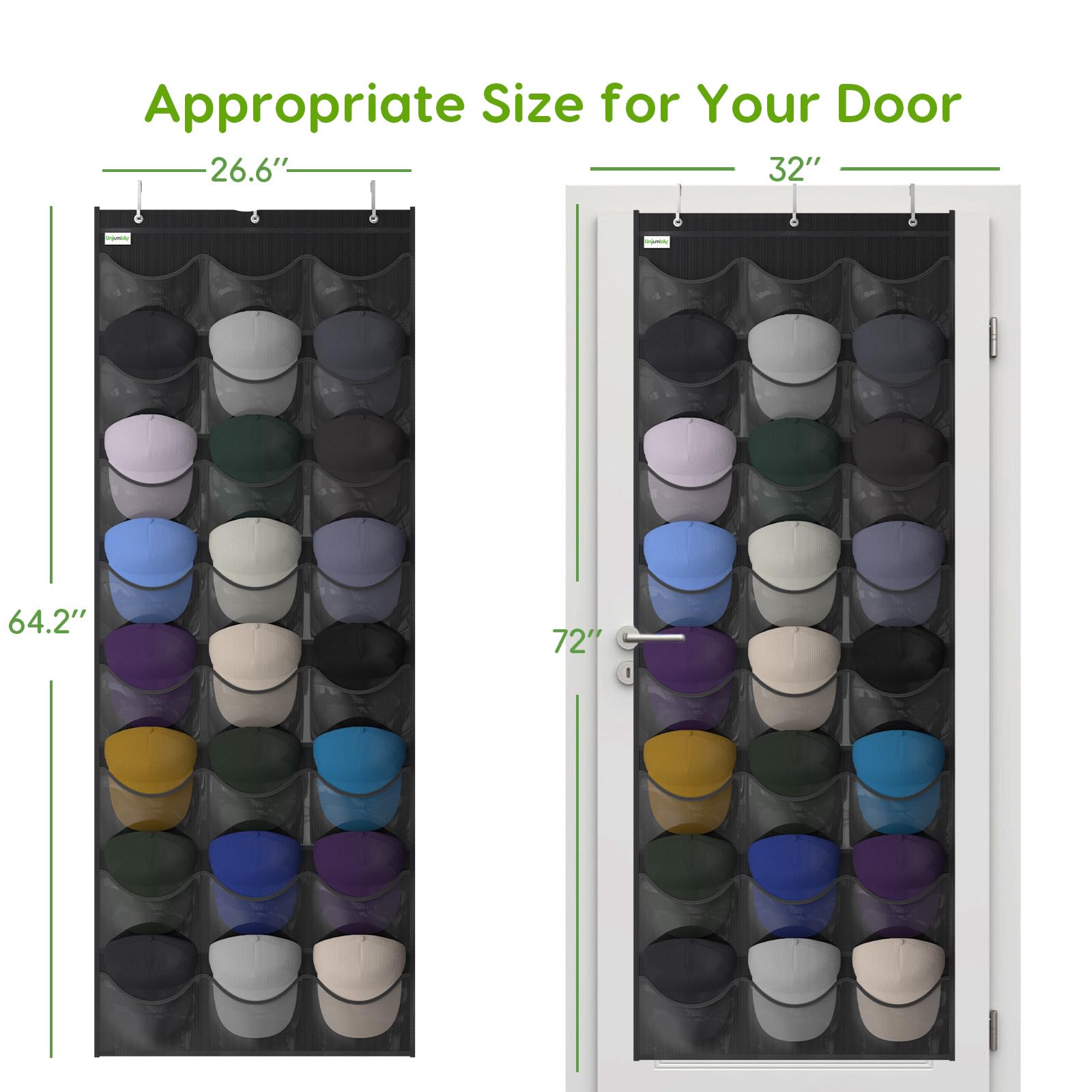 Unjumbly Over Door Hat Rack - 24 Pocket Baseball Cap Organizer, Black, Oxford 600D Fabric, Includes 3 Over Door Hooks