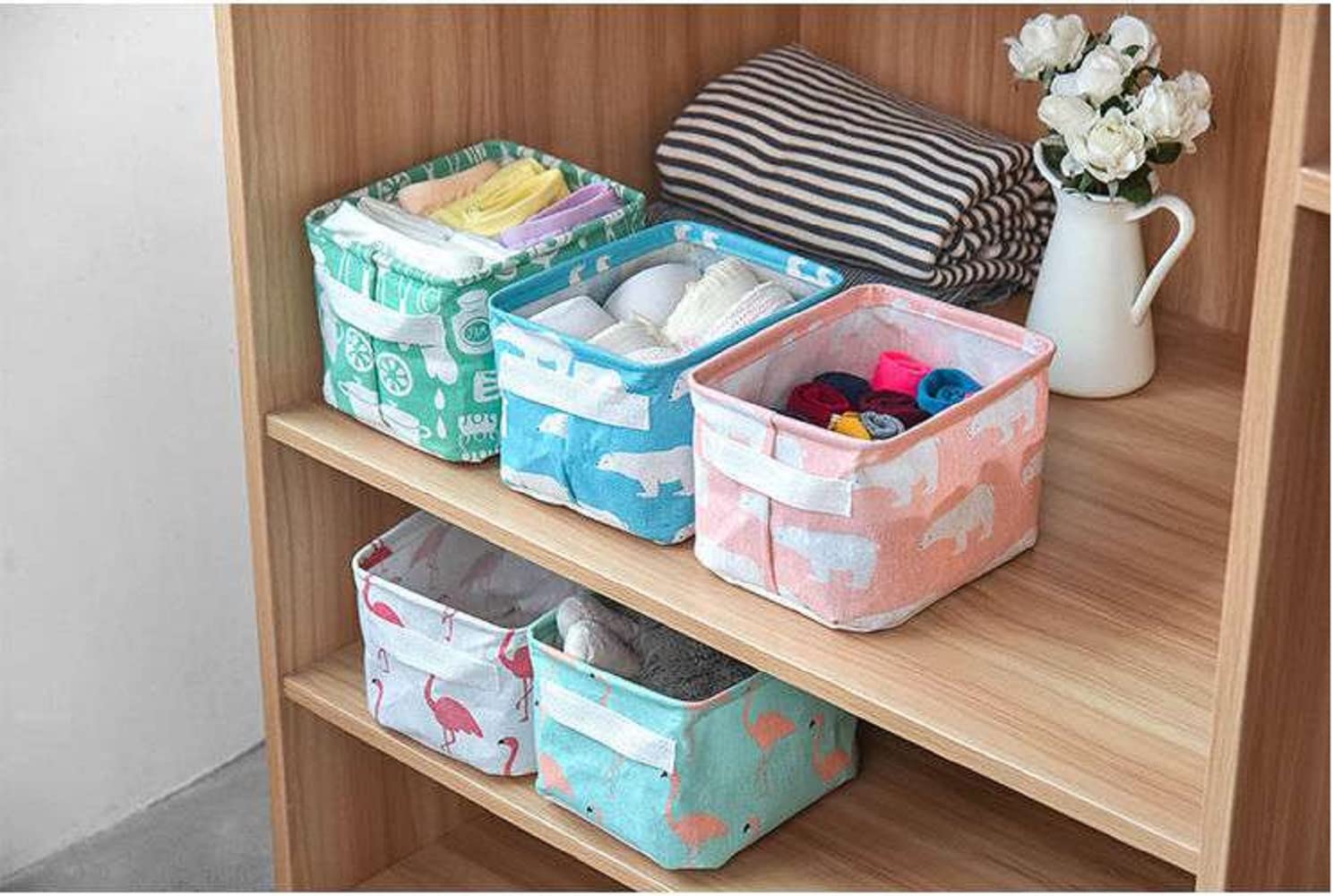 Shuiniba Stylish Storage Basket Cotton And Linen Fabric Mini Storage Cubes Nursery Storage Baskets With Handles For Shelves & De