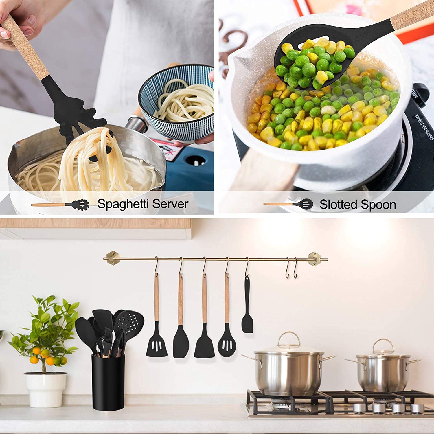 Lianyu 15-Piece Kitchen Silicone Cooking Utensils Set With Holder, Wooden Handle Kitchen Tools Include Spatula Tong Slotted Spoo