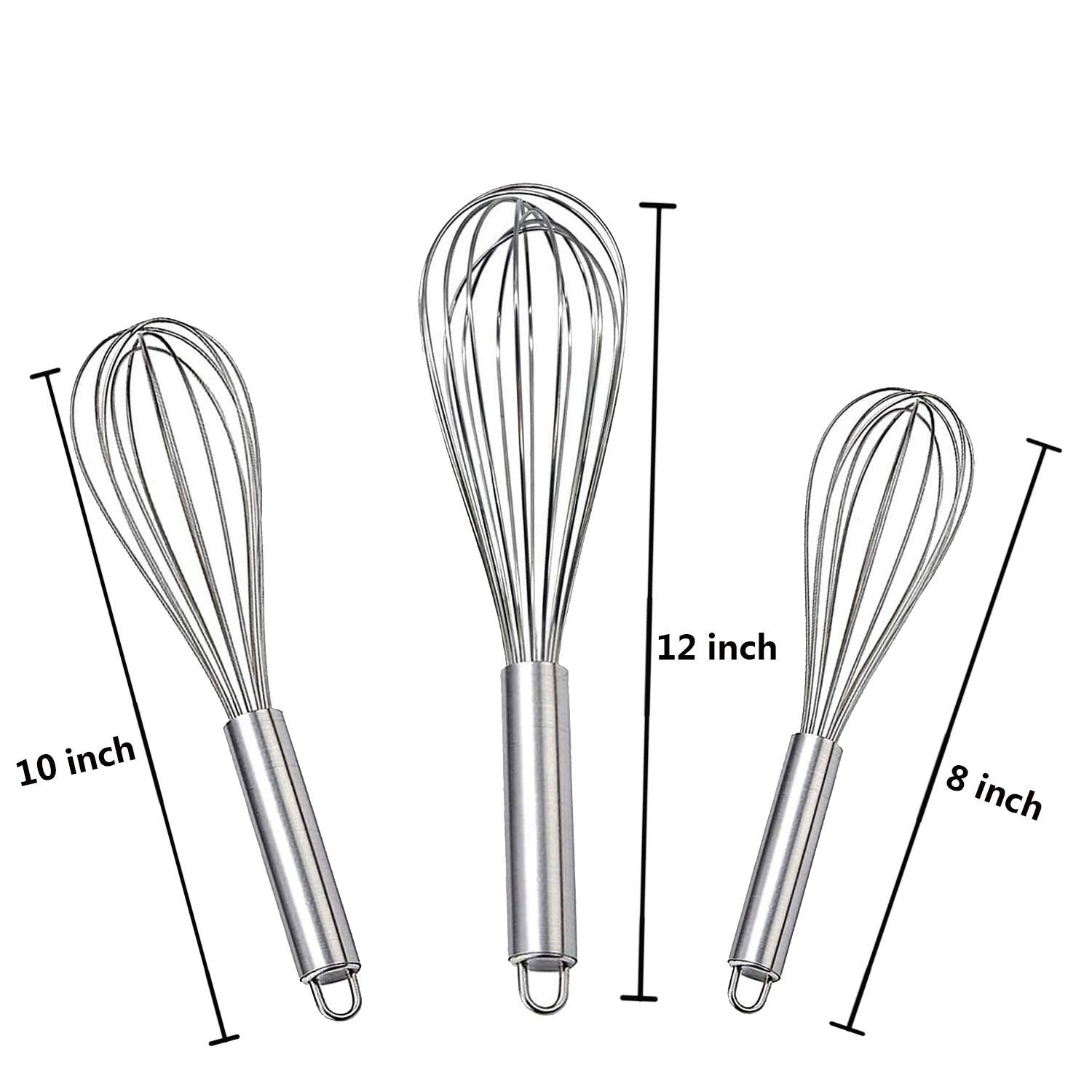 Stainless Steel Whisk, Whisk Set With Measuring Spoon And 8''+10''+12'' Wire Whisk For Cooking Blending, Beating, Stirring, Baki