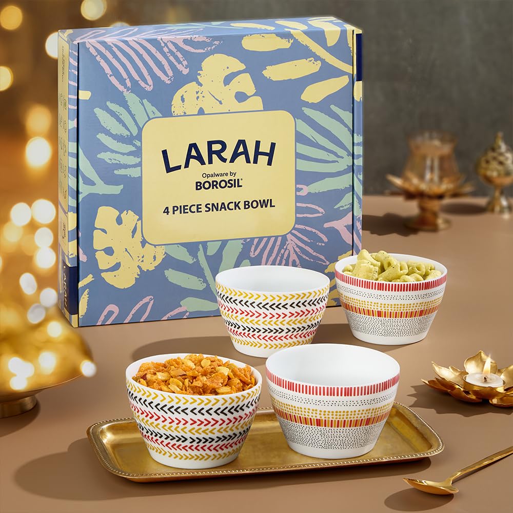 Larah By Borosil Boho & Rhythm Opalware 4 Pc Snack Bowl Set | 515 Ml X 4 Pasta Bowl Set | Microwave & Dishwasher Safe, Bone-Ash 