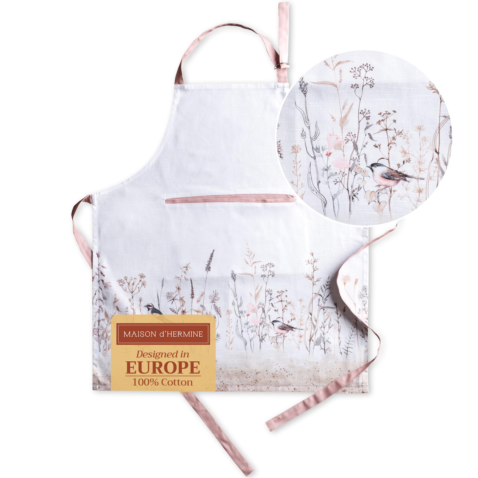 Maison d ' Hermine Apron 100% Cotton 27.50 ''x31.50 '' 1 Piece Adjustable Neck Strap Apron with Center Pocket for Gifts  BBQ  Women  Men  Chef  Meadow Florals - Brown - Spring/Summer
