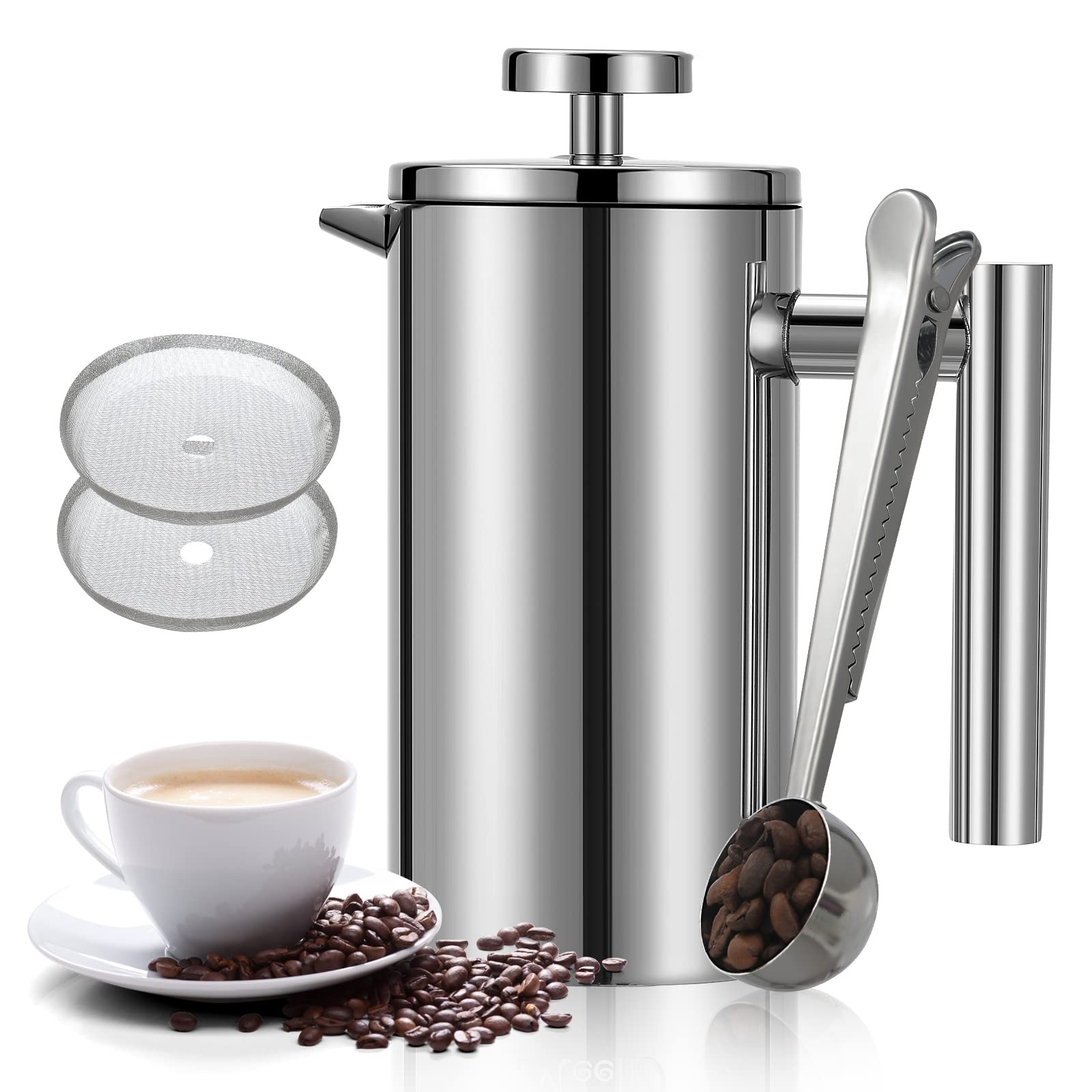 Meelio French Press Coffee Maker 34Oz, Double-Wall Insulated French Coffee Press Stainless Steel 1L For Travel Camping, Included