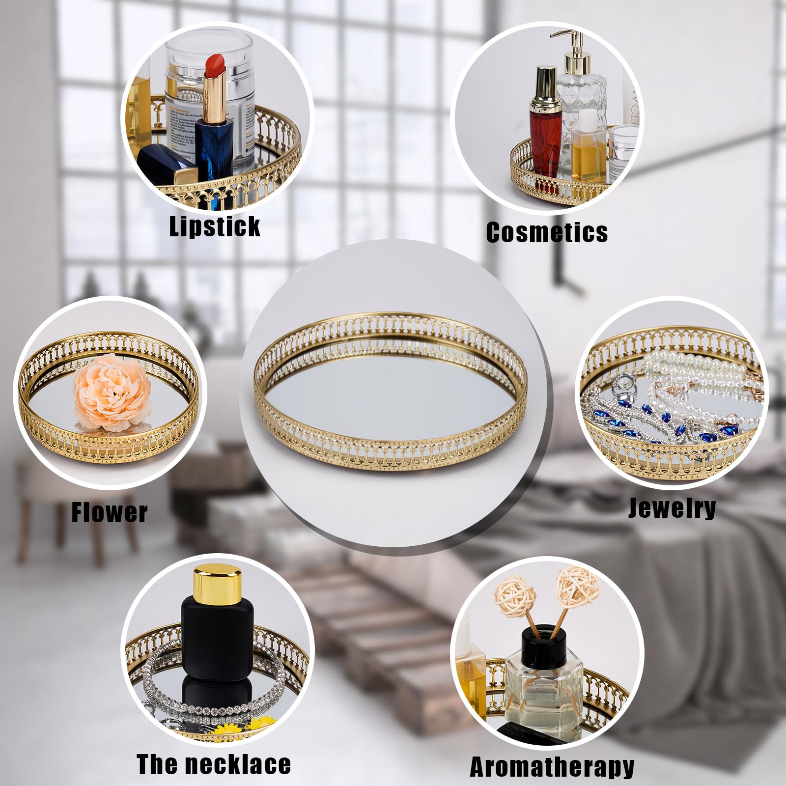 Ayswupt Gold Mirrored Vanity Tray For Bathroom Counter,Metal Decorative Jewelry Storage Tray Cosmetic Perfume Organizer For Dres