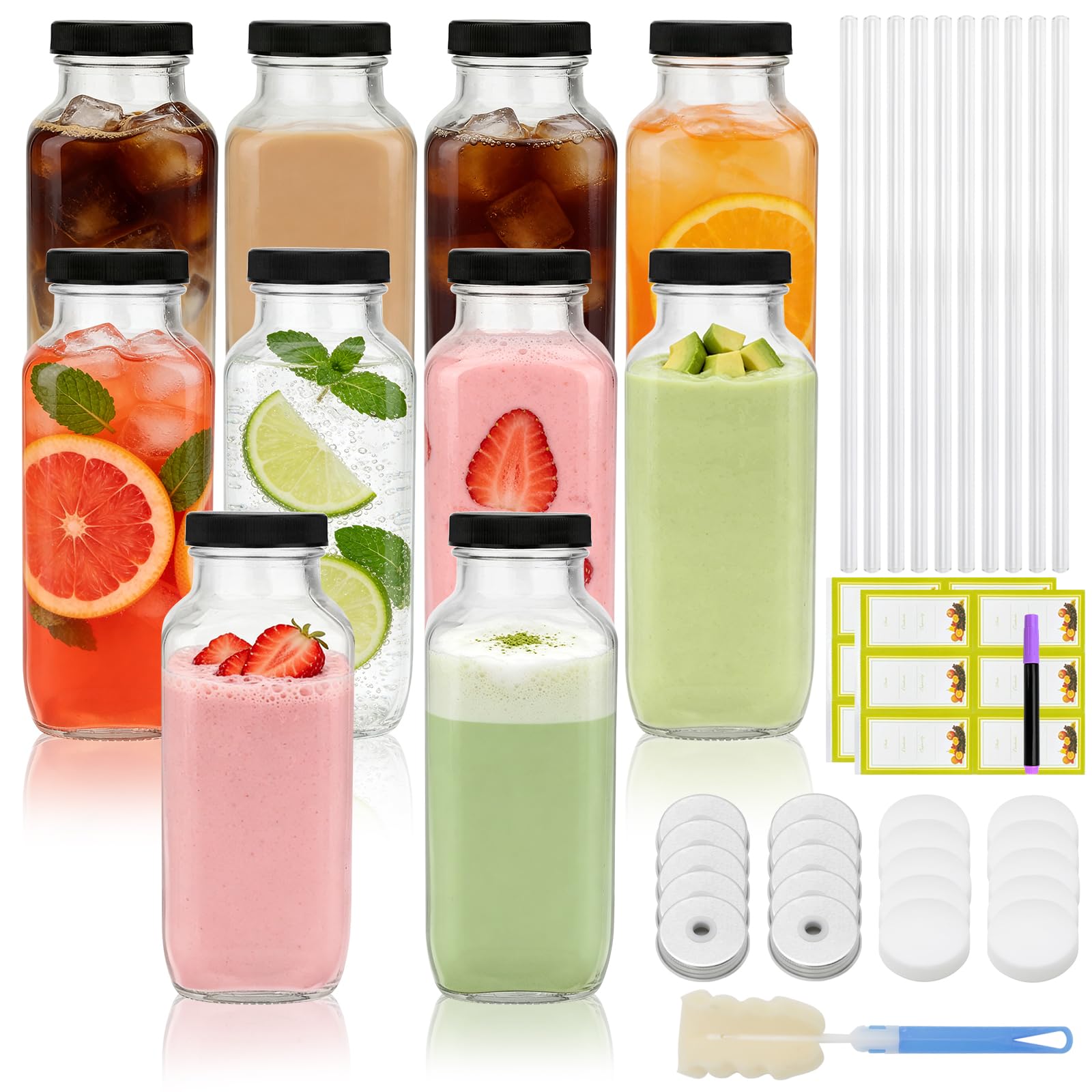 Encheng 16oz Glass Juice Bottles with Airtight Lids, 10 Pack