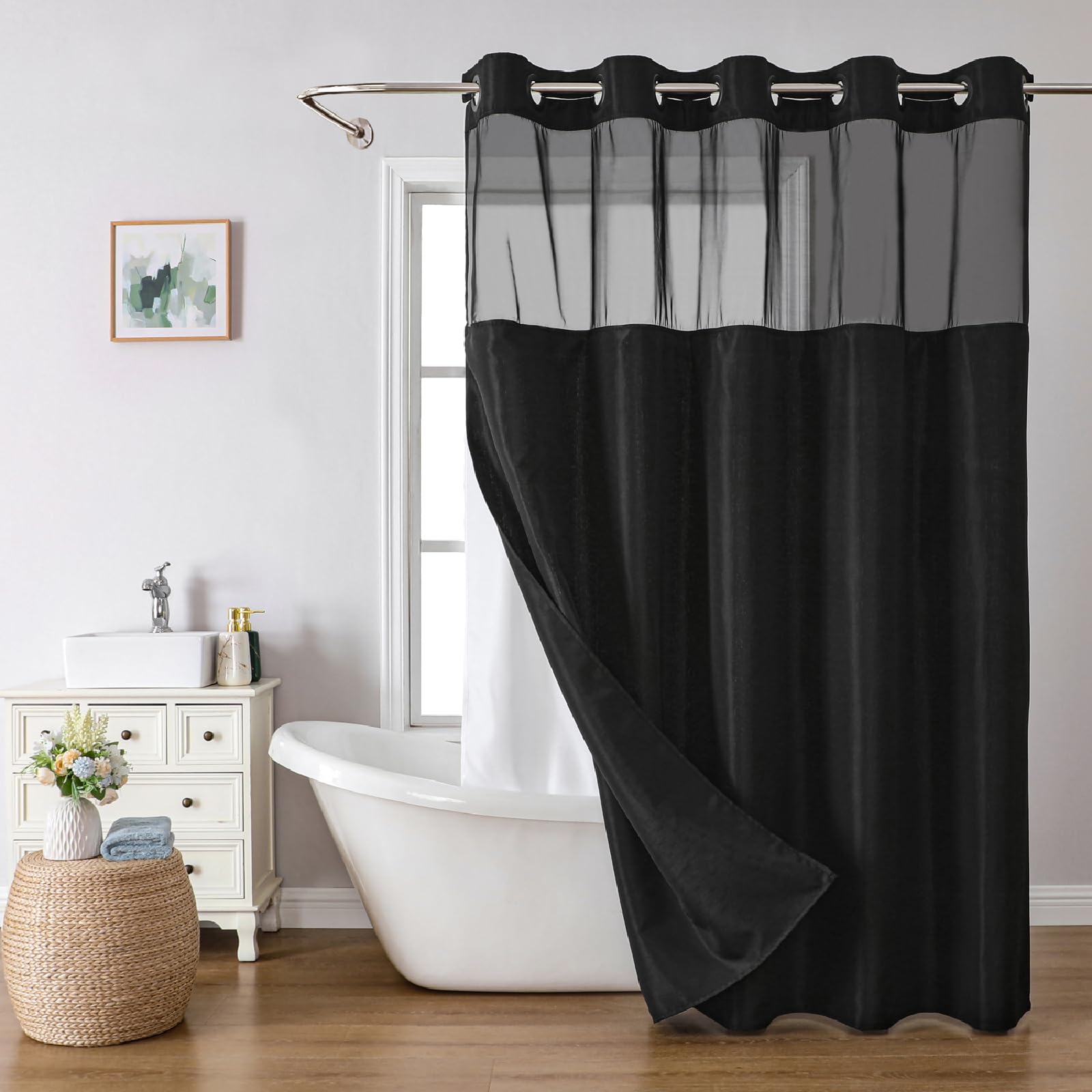 Eachope Long No Hooks Needed Linen Textured Shower Curtain With Snap-In Fabric Liner Set,Black Hotel Luxury Decor Shower Curtain
