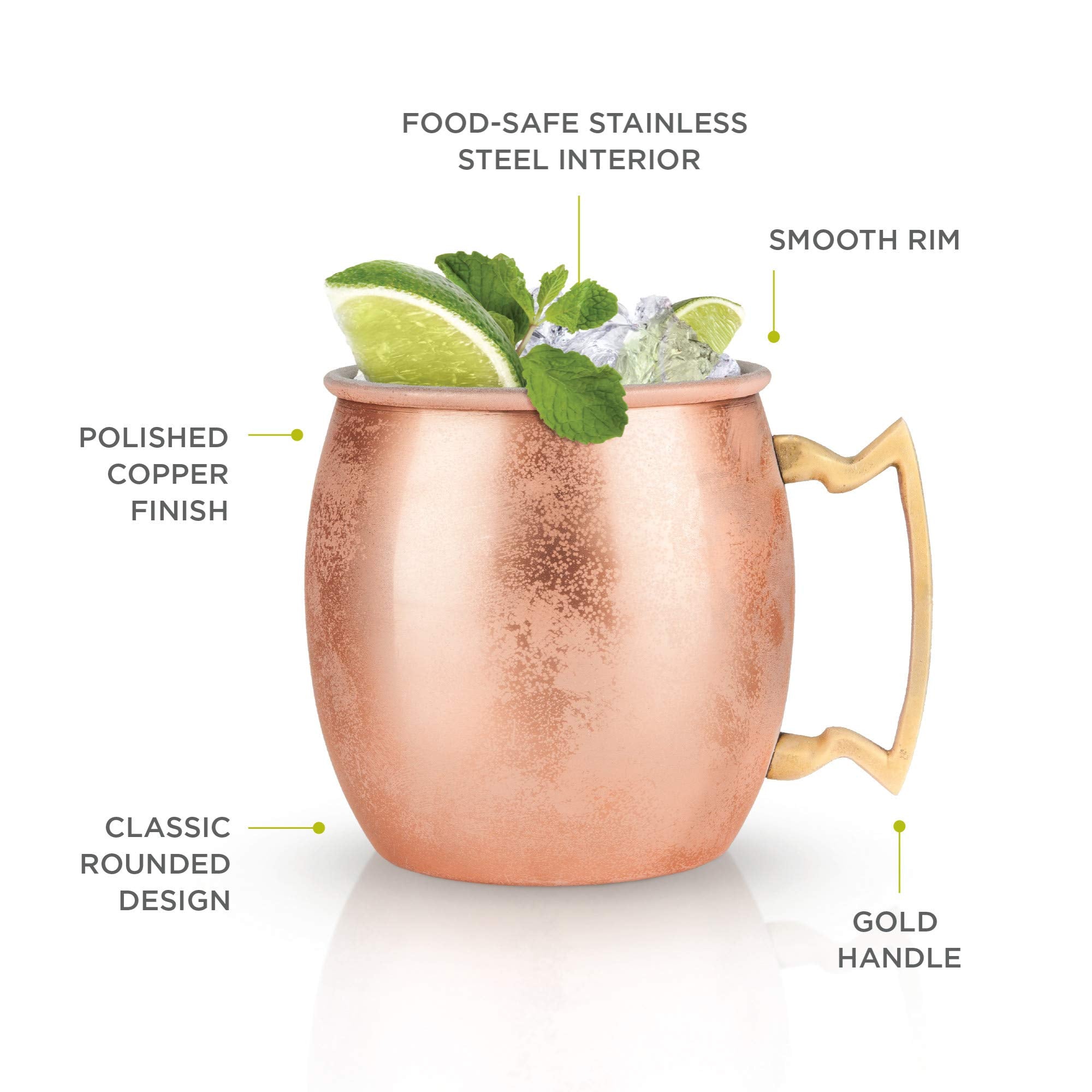 True Moscow Mule Mug, Stainless Steel, Copper Cups For Moscow Mules, Copper Bar Cart Accessories, 16 Oz, Set Of 1