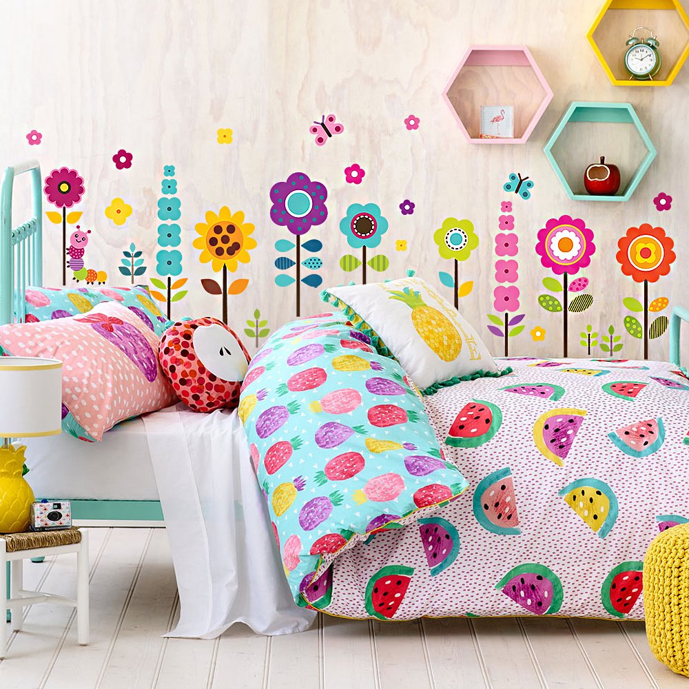 Flower Wall Stickers for Kids - Floral Garden Wall Decals for Girls Room - Removable Toddlers Bedroom Vinyl Nursery Wall D?cor [27 Art clings] with Free Bird Gift!