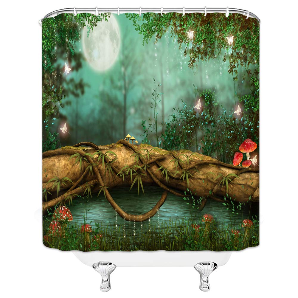 Jingjiji Fantasy Forest Green Shower Curtain Fairy Tale Mushroom Jungle Tree Pond Meadow Butterfly Elf Moon Night View Bathroom