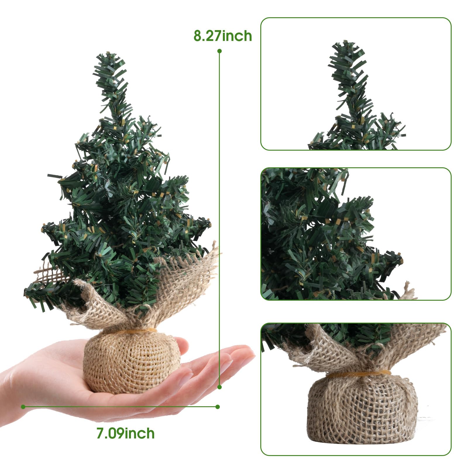 Tabletop Mini Artificial Christmas Tree 6.7 Inch - Realistic PE Branches with Burlap Base, Non-Lit, Compact Xmas Holiday Decor f