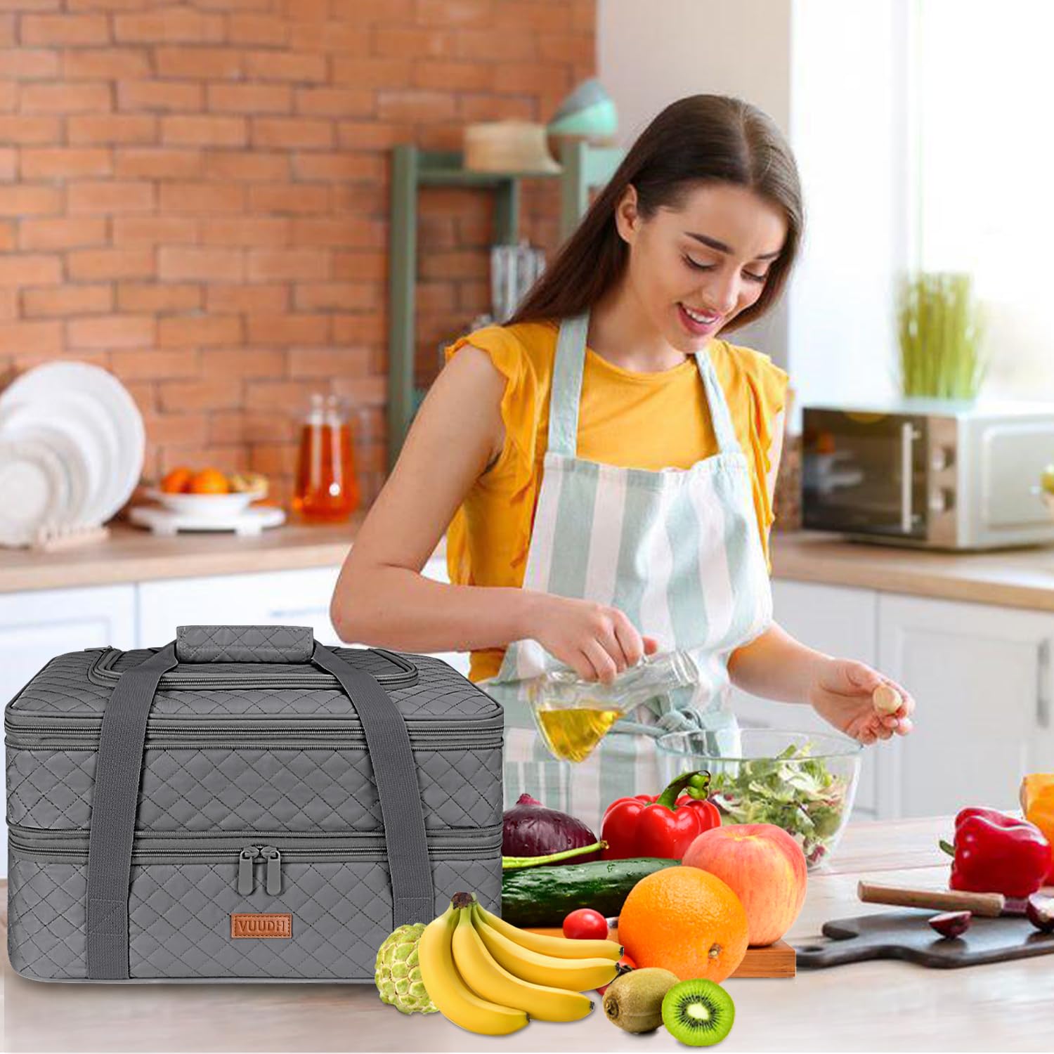 Vuudh Quilted Double Decker Casserole Carrier - Expandable Grey Dish Case for 9"×13" Baking Dish, Ideal for Potlucks and Picnics