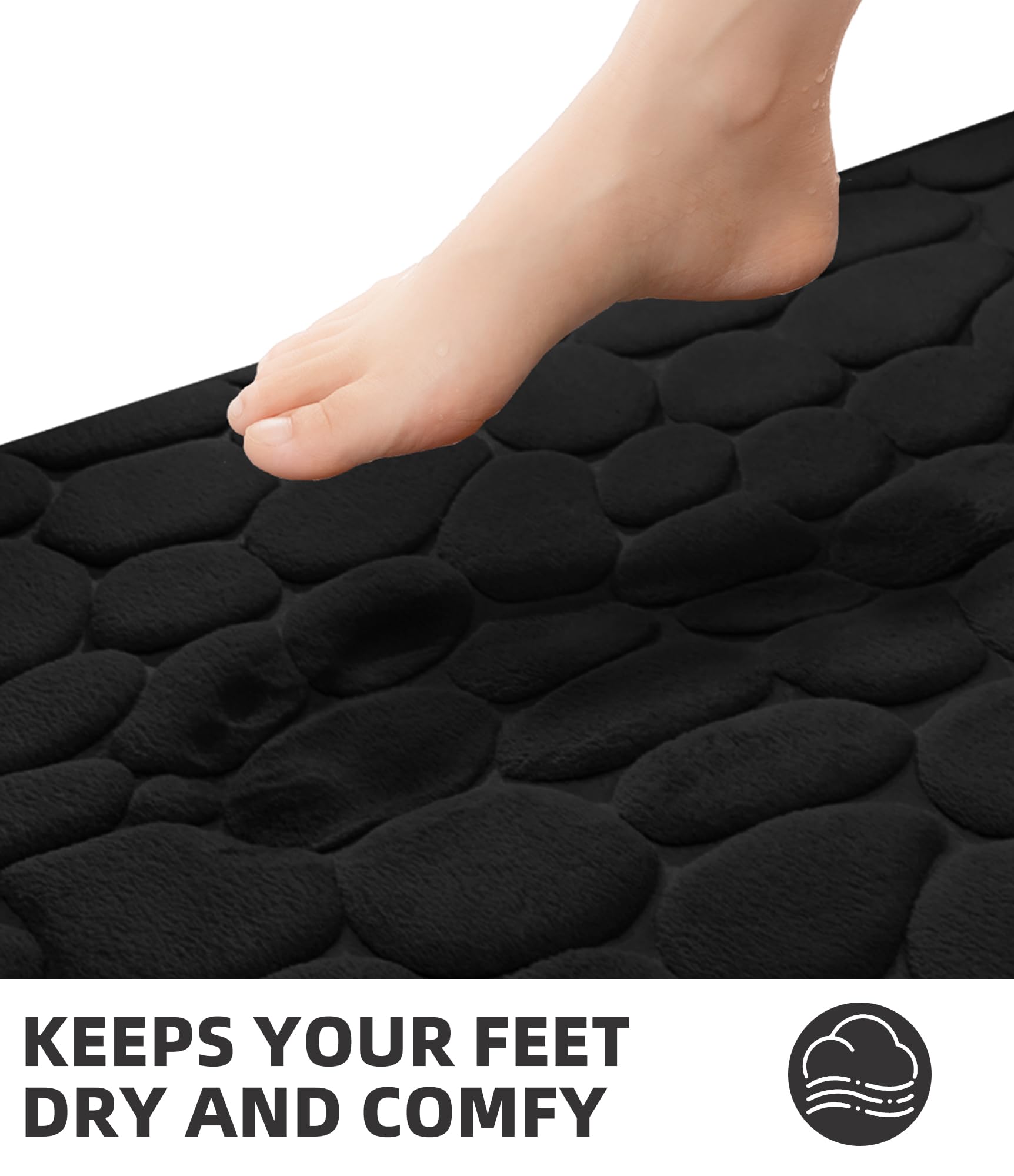 YIHOUSE Memory Foam Bath Mat Cobblestone Bathroom Rugs Super Water Absorbent Bath Mats for Bathroom Machine Washable Bath Rugs(17 x 24 Black)
