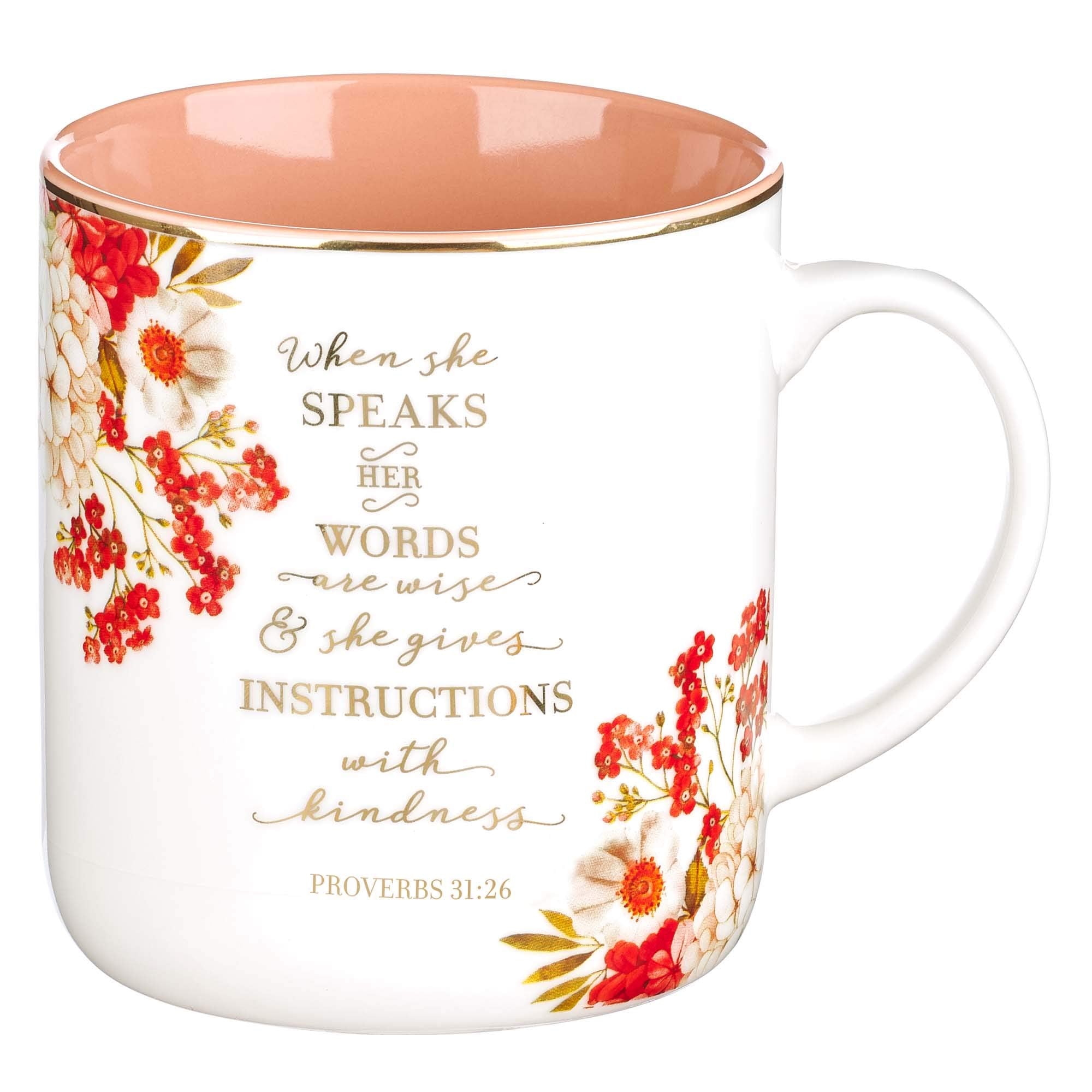 When She Speaks Proverbs 31 Woman Bible Verse Ceramic Coffee/Tea Mug  Pink/Red W/Gold Metallic Floral Christian Coffee Mug For W