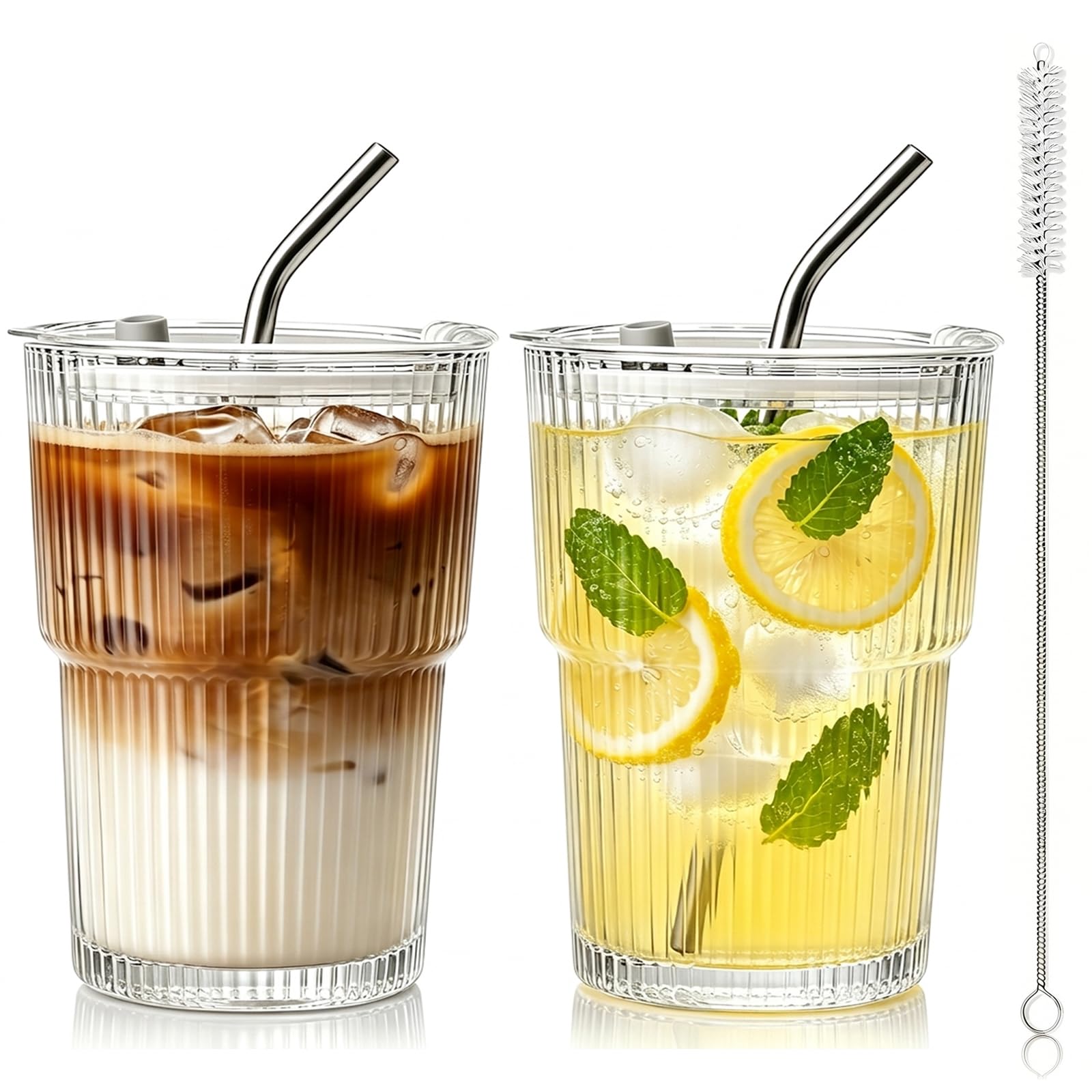 hosck 13oz Iced Coffee Cups with Lids and Straws, Thicken Glass Cups, 2 PCS