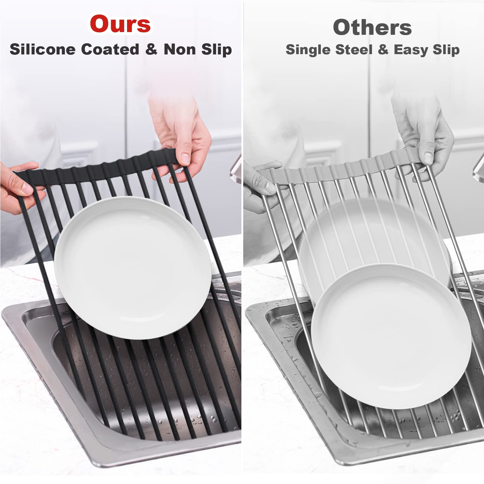 Merrybox Roll Up Dish Drying Rack Silicone Wrapped Over The Sink Dish Drying Rack Multipurpose Foldable Sink Drying Mat Anti-Sli