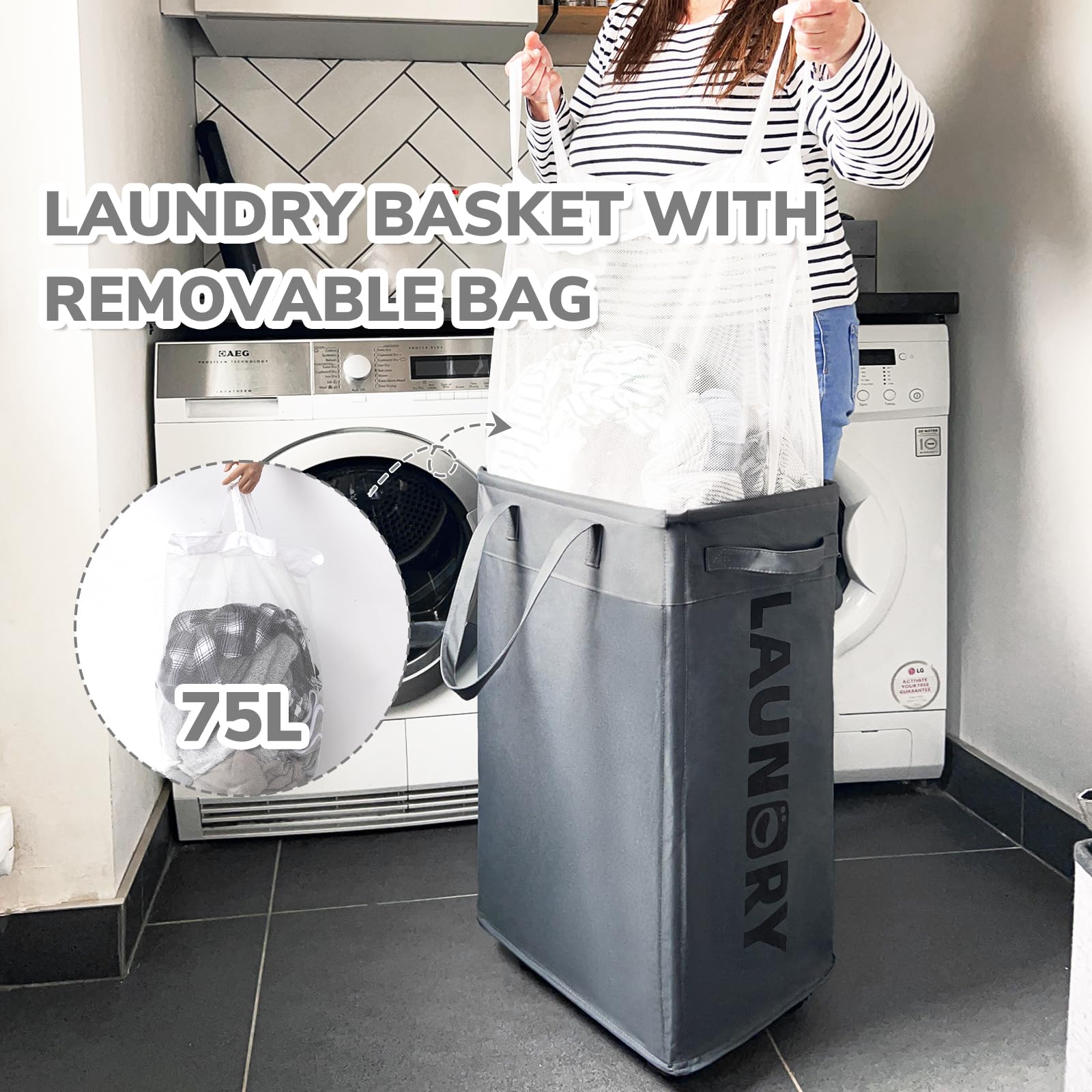 Chicvita Rolling Laundry Basket With Wheels,75L Large Collapsible Laundry Hamper With Removable Wash Bag Space For Corner Dorms,