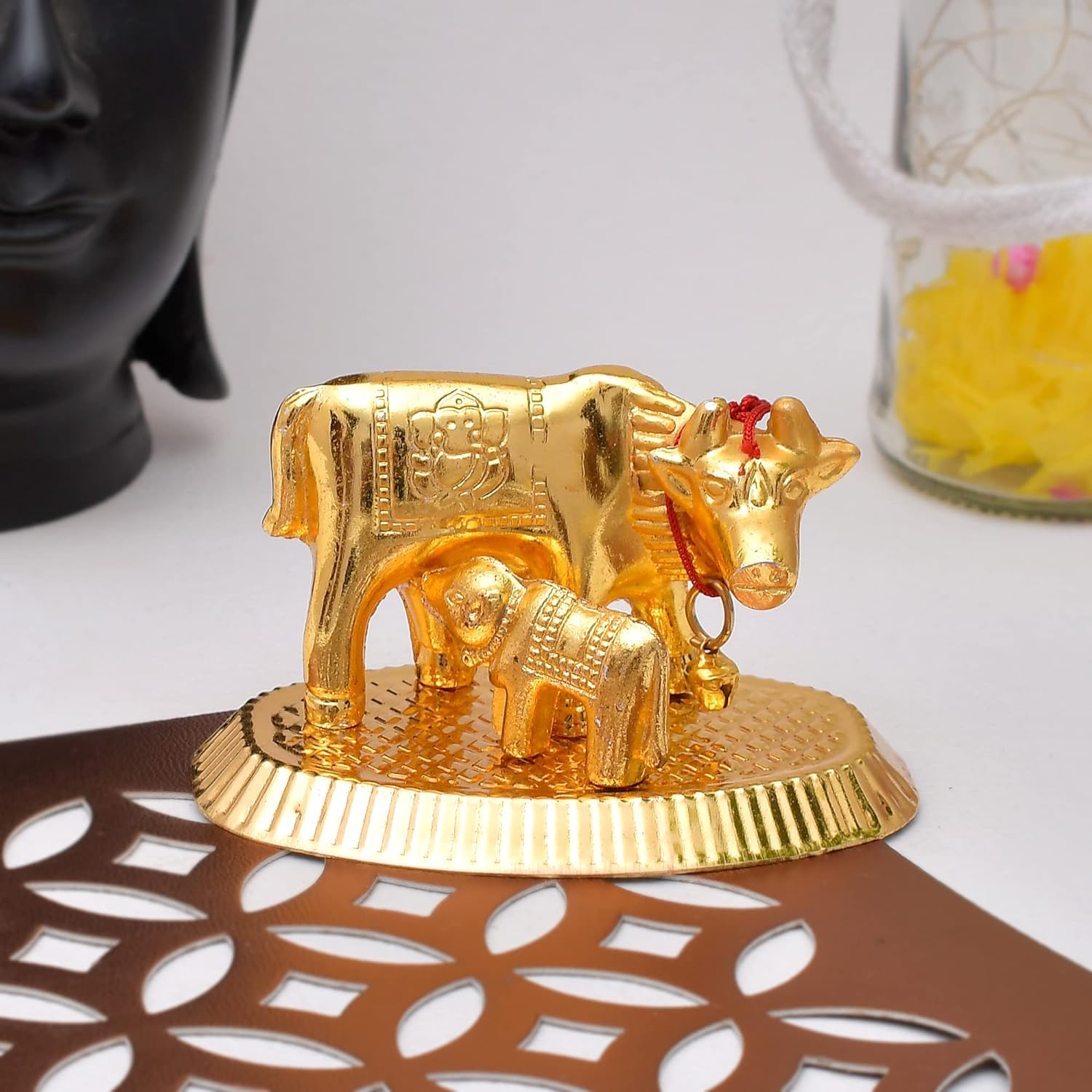 Haridwardivine Kamadhenu Cow With Lakshmi Ganesh/Satyakama Gaumata Idol With Lakshmi Ganesh- Golden (9Cm)