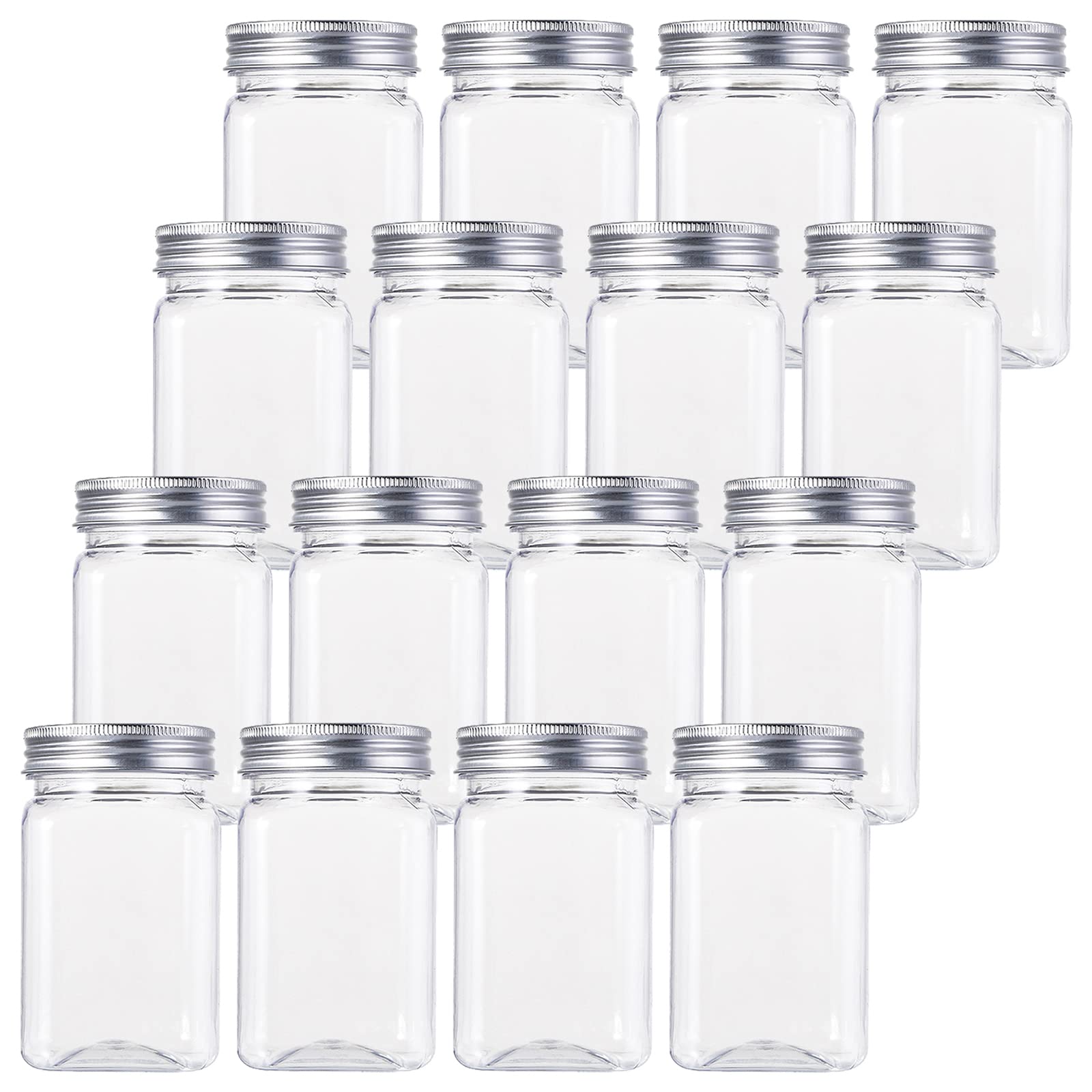 Bekith 16 Pack Clear Plastic Jars with Lids, 13oz Airtight Container for Food Storage, Refillable Square Empty Plastic Jars for 