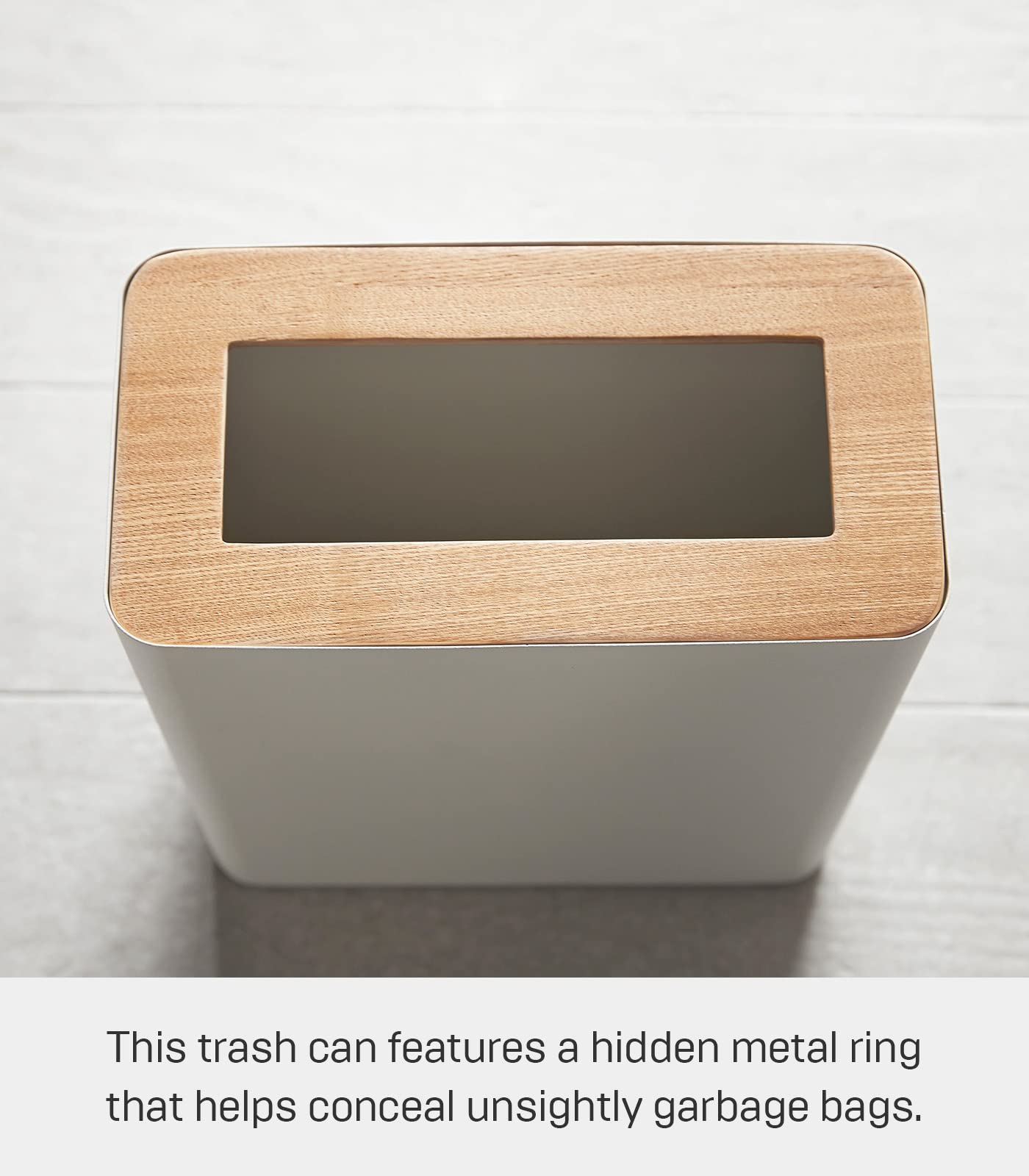 Yamazaki Home Trash Can - Small Modern Home Wastebasket For Bathroom Kitchen Office Steel + Wood One Size Ash