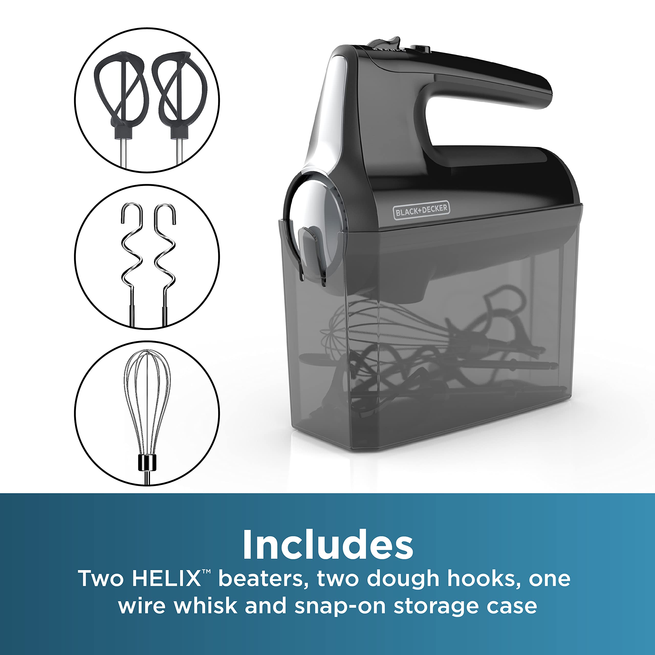 Black+Decker 5 Speed Electric Hand Held Mixer, Helix Beaters, Whisk, And Dough Hook Attachments, Turbo Boost, Snap-On Storage Ca