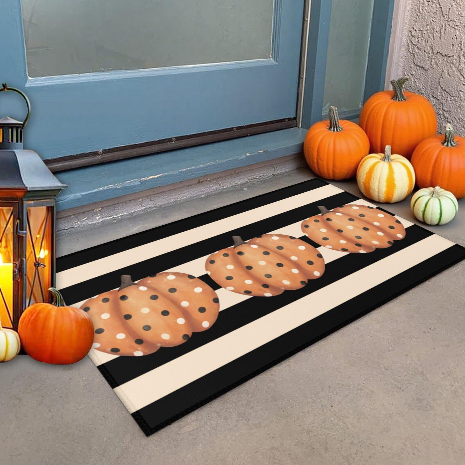 Gloriousa Fall Door Mat Cute Polka Dot Pumpkin Stripes Floor Front Door Welcome Mats Rug Rustic Yard Non Slip Doormat Porch Home