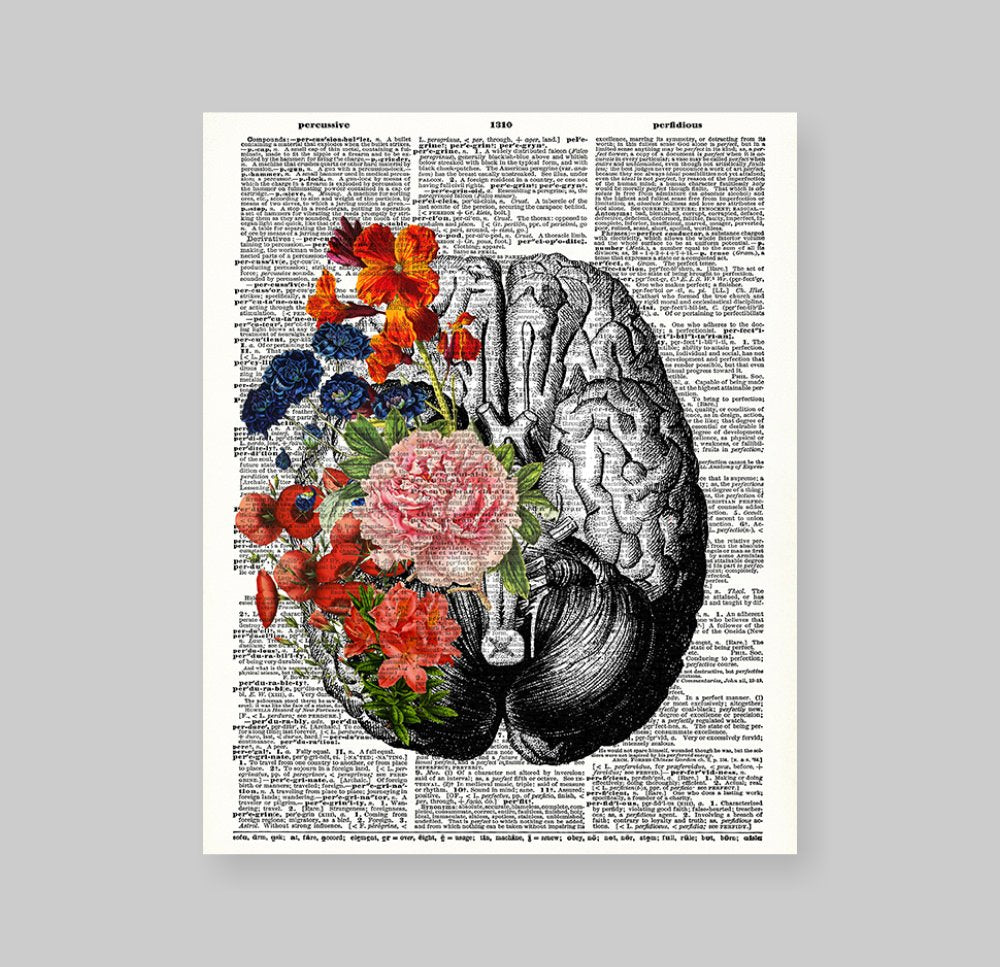 Susie Arts 8X10 Unframed Human Brain With Flowers Springtime Mind Vintage Upcycled Dictionary Art Print Book Art Print Home Deco