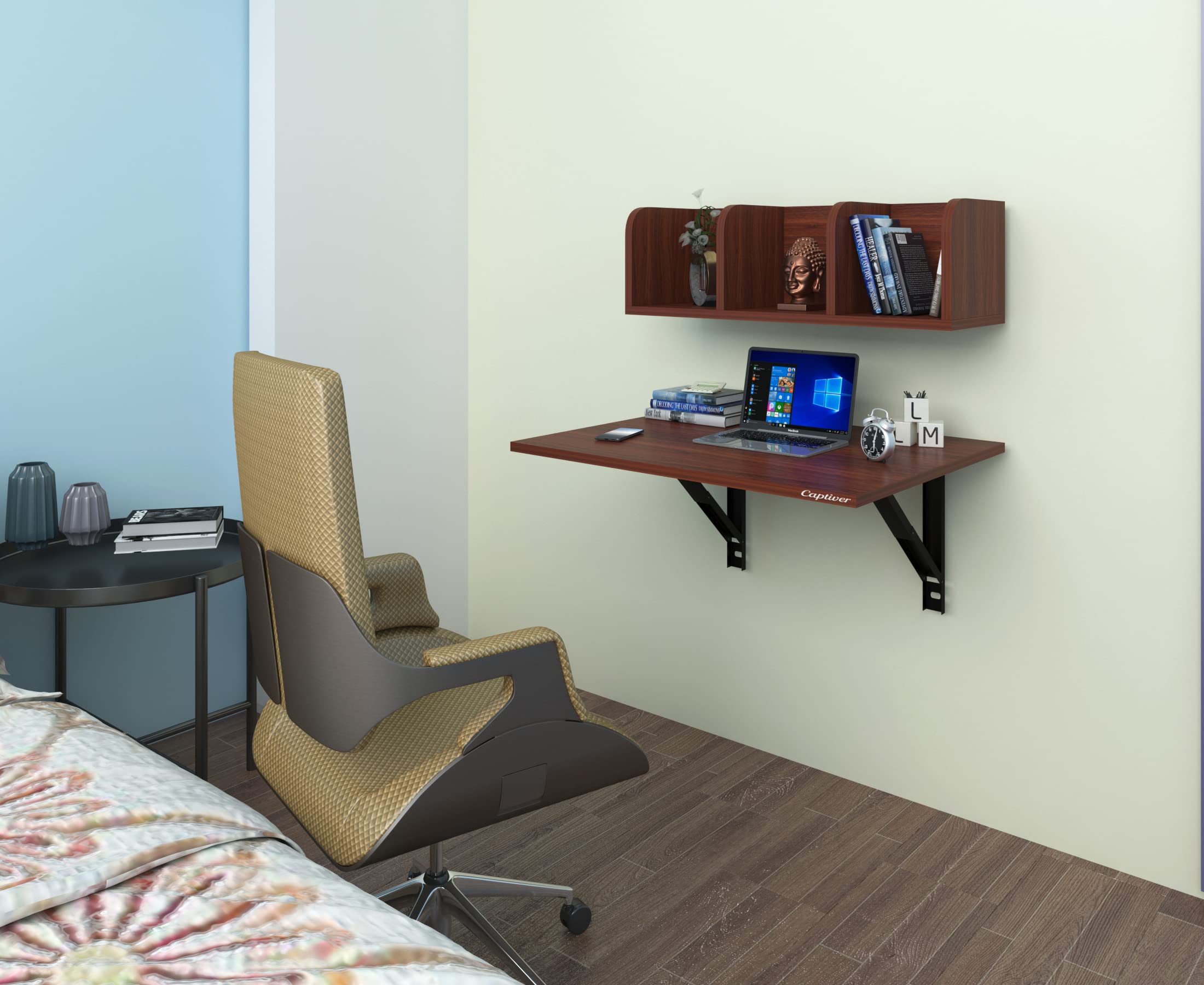 Captiver Eddenelara Engineered Wood Wall Mounted Study Table With Books Shelf (68X56 Cm) Computer Office Living Room Printer Fur
