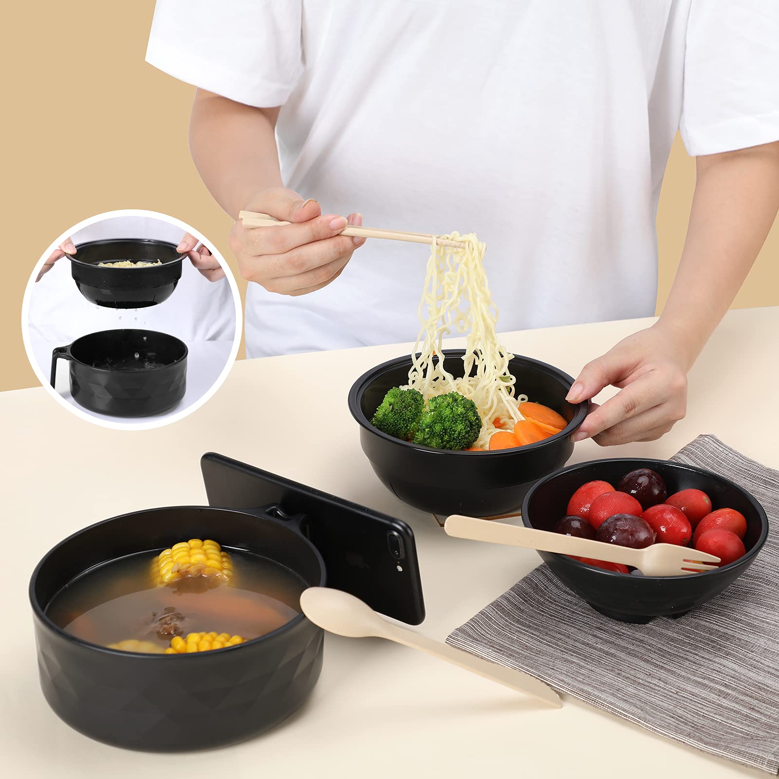 Rorbam Microwave Ramen Cooker,Ramen Bowl Set,Ramen Bowl With Chopsticks And Spoon,Rapid And Quick Ramen Cooker With Handles, Dis