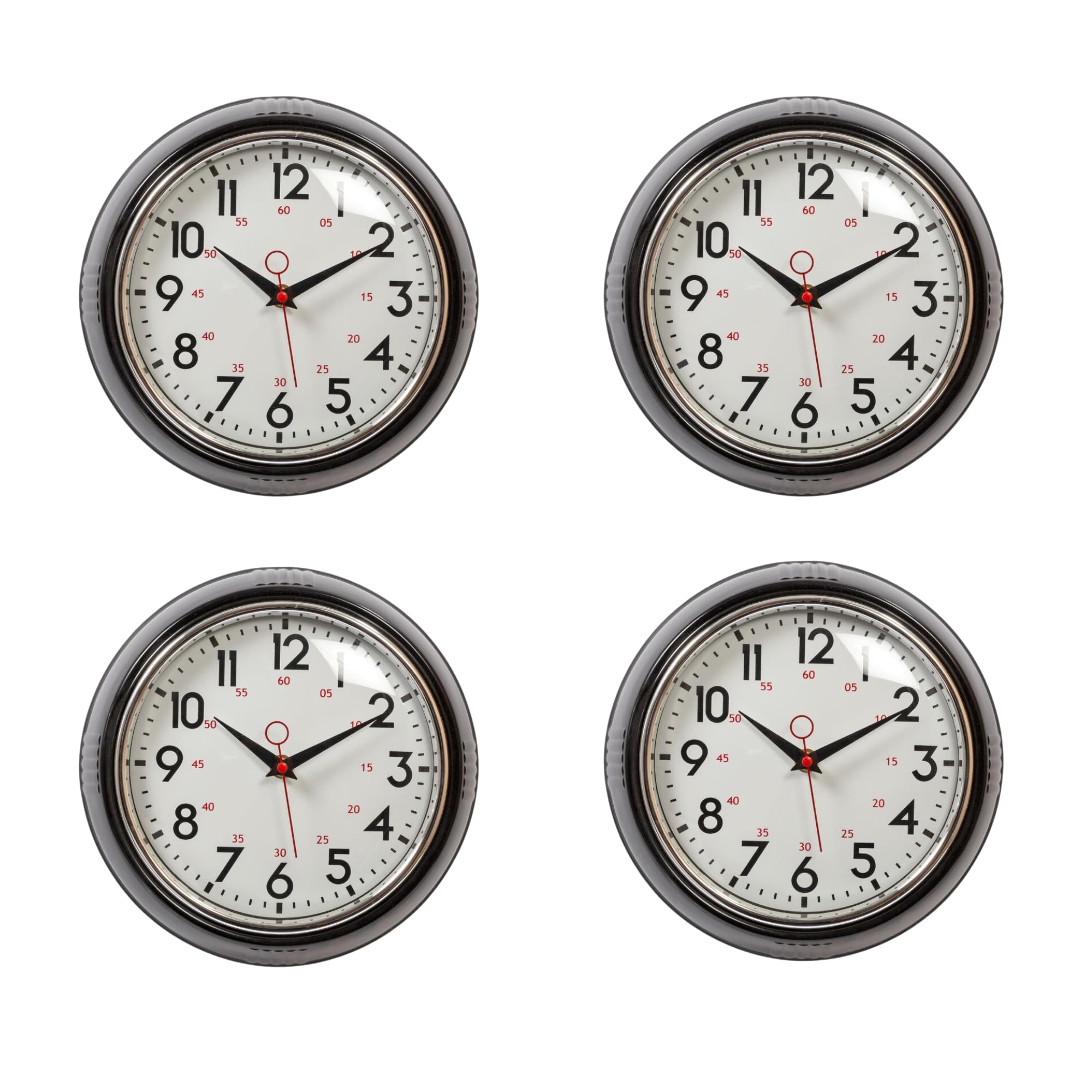 Kiera Grace 4 Pack Retro Decorative Analog Round Wall Clock, 9.5 D X 2 W, Black, 4 Pcs