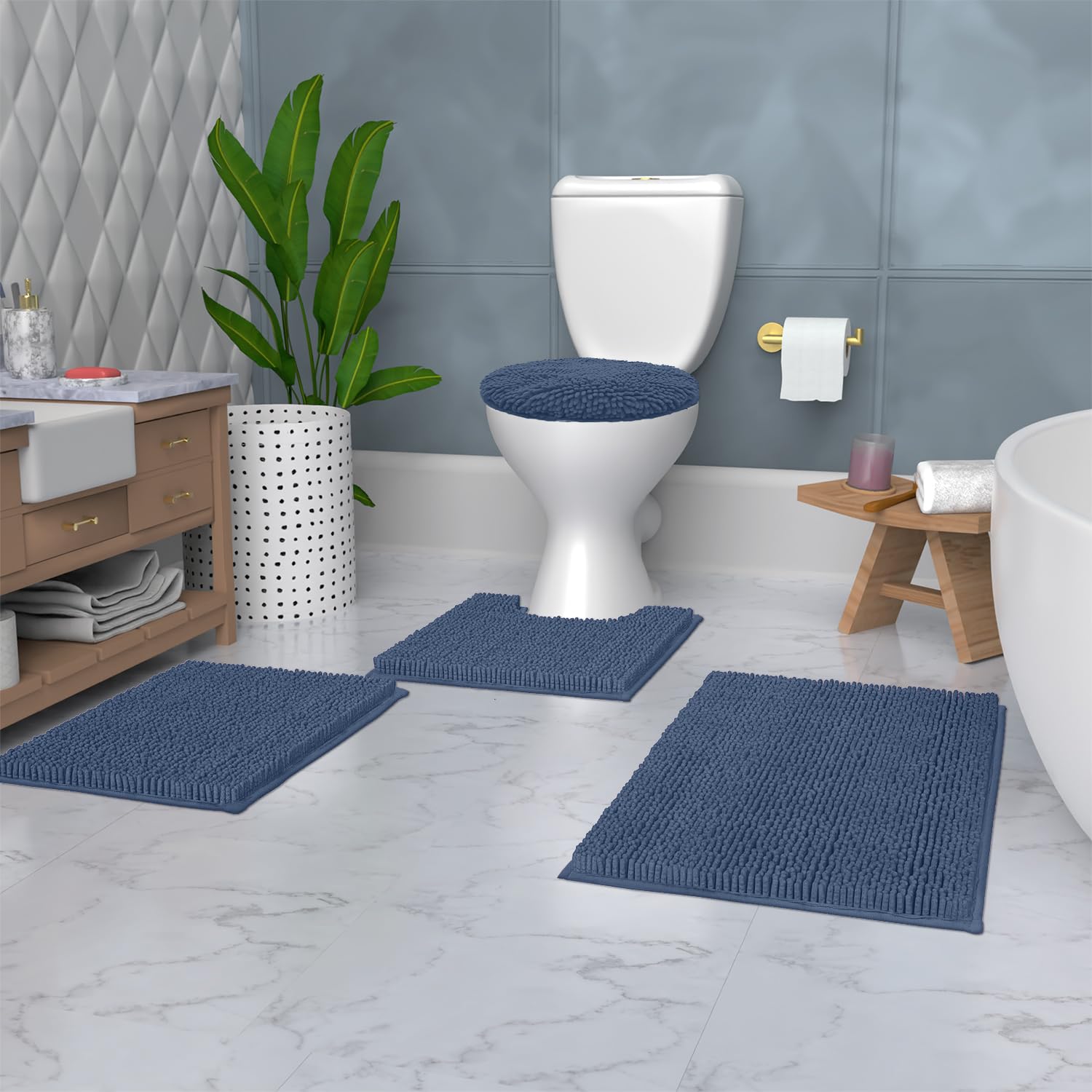 Luxurux Bathroom Rugs Sets 4 Piece - Non-Slip Shaggy Chenille Mat Set - U-Shaped Contour Toilet Mat, Lid Cover, 30X20+18X18+20X2