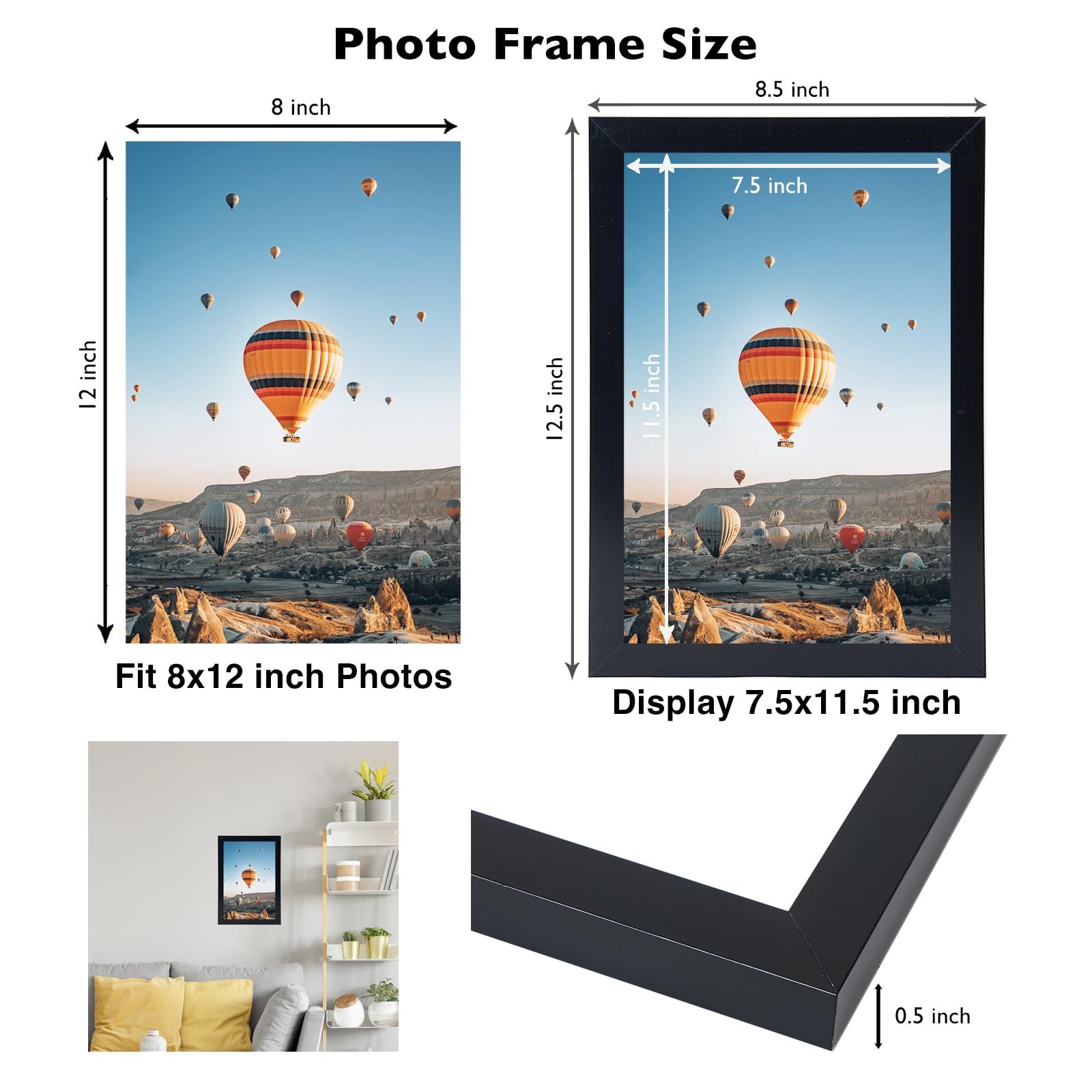 JCJMY 8x12 Picture Frame Set of 2 Black for Wall Hanging or Tabletop- Wall Mounting Horizontally or Vertically, 8 x 12 Wall Gall