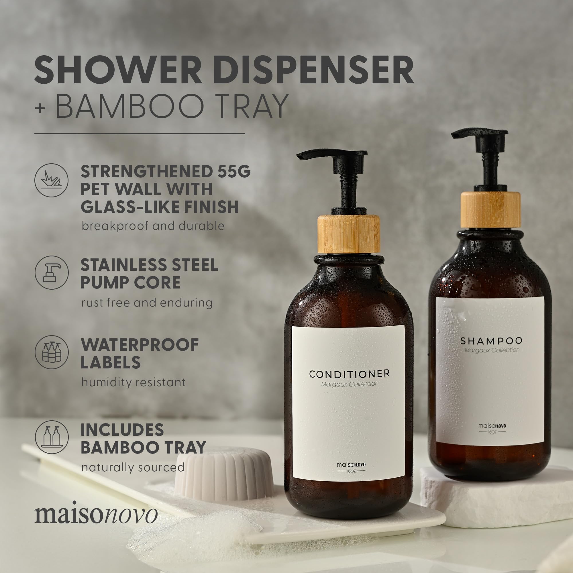 Maisonovo Kitchen Soap Dispenser Set With Tray | Bamboo Plastic Amber Set X 2
