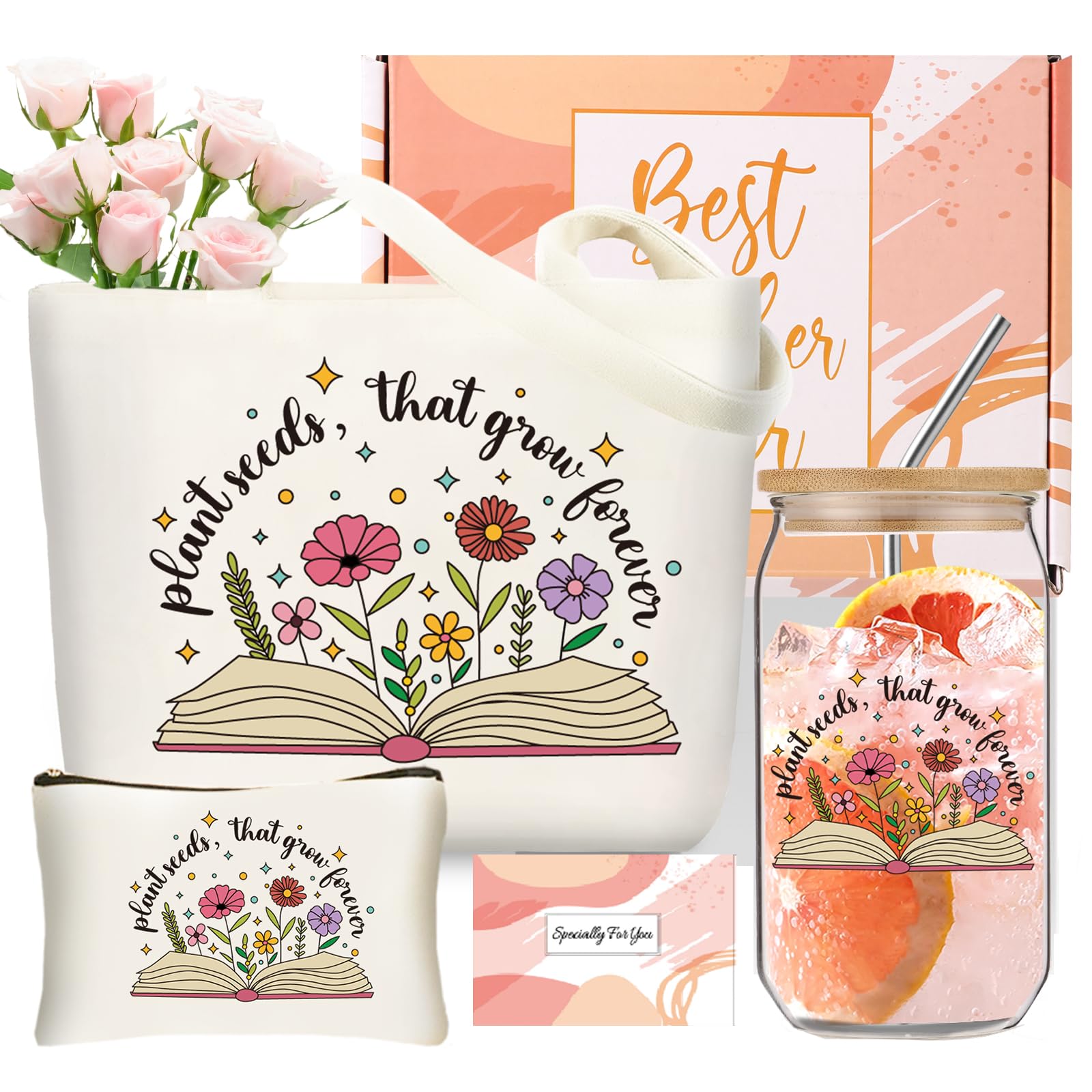 fcaylo Teacher Appreciation Gifts for Women 16oz Glass Cup With Straw and Cup, Teacher Canvas Tote Bag Basket Box for Teachers B
