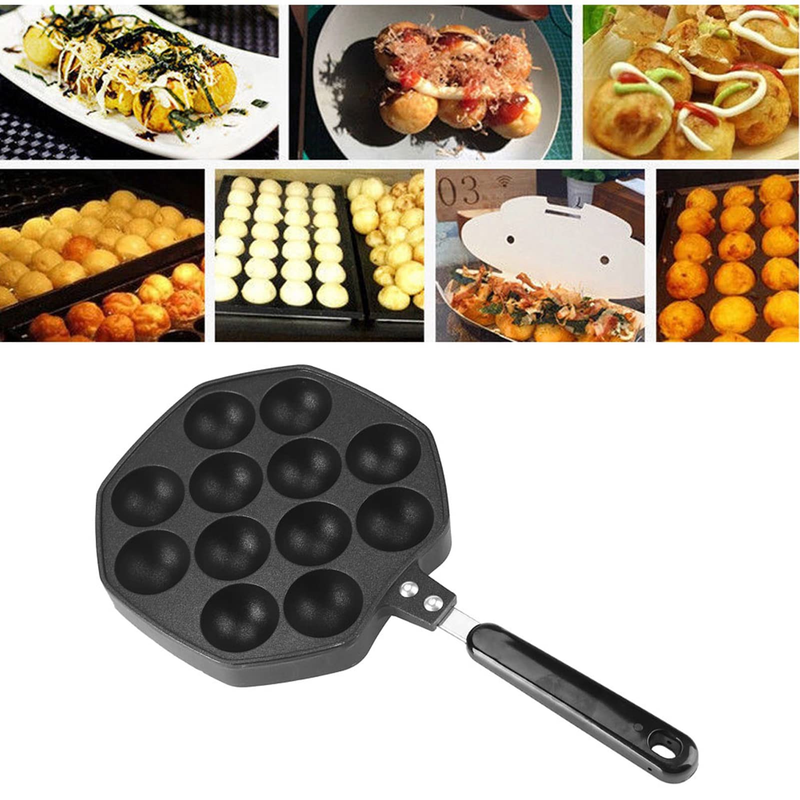 Fdit Black 12 Cavities Aluminum Non-Stick Takoyaki Grill Pan Plate Octopus Meatballs Baking For Home Kithen, Dining Room