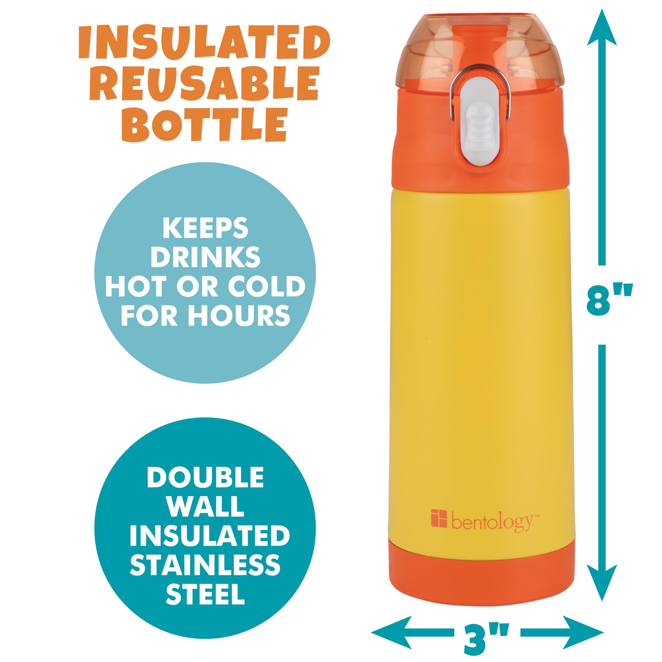 Stainless Steel 13 Oz Insulated Water Bottle For Girls Or Boys (Yellow)- Easy To Use For Kids- Reusable Spill Proof Bpa-Free, Fi