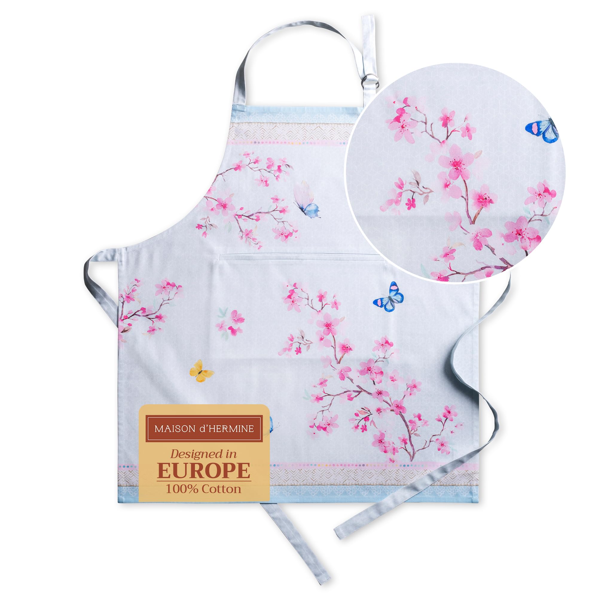 Maison d' Hermine Apron 100% Cotton 1 Piece Adjustable Neck Strap Clothapron with Center Pocket for Gifts  Women  Men  Banquet  Blossoms In Spring - Spring/Summer (27.50''x31.50'')