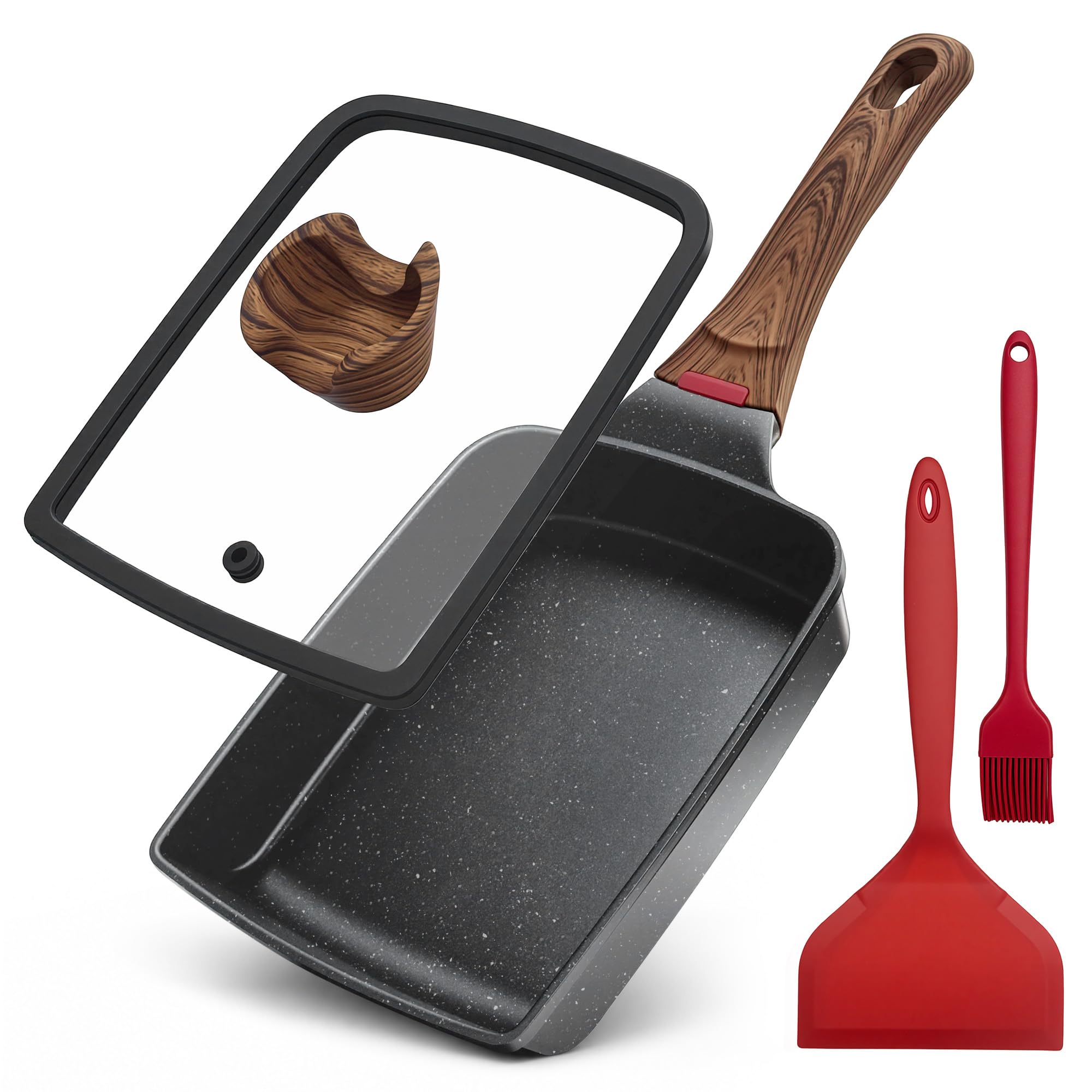 Tamagoyaki Japanese Omelette Pan Nonstick Egg Pan with Lid Spatula, Black