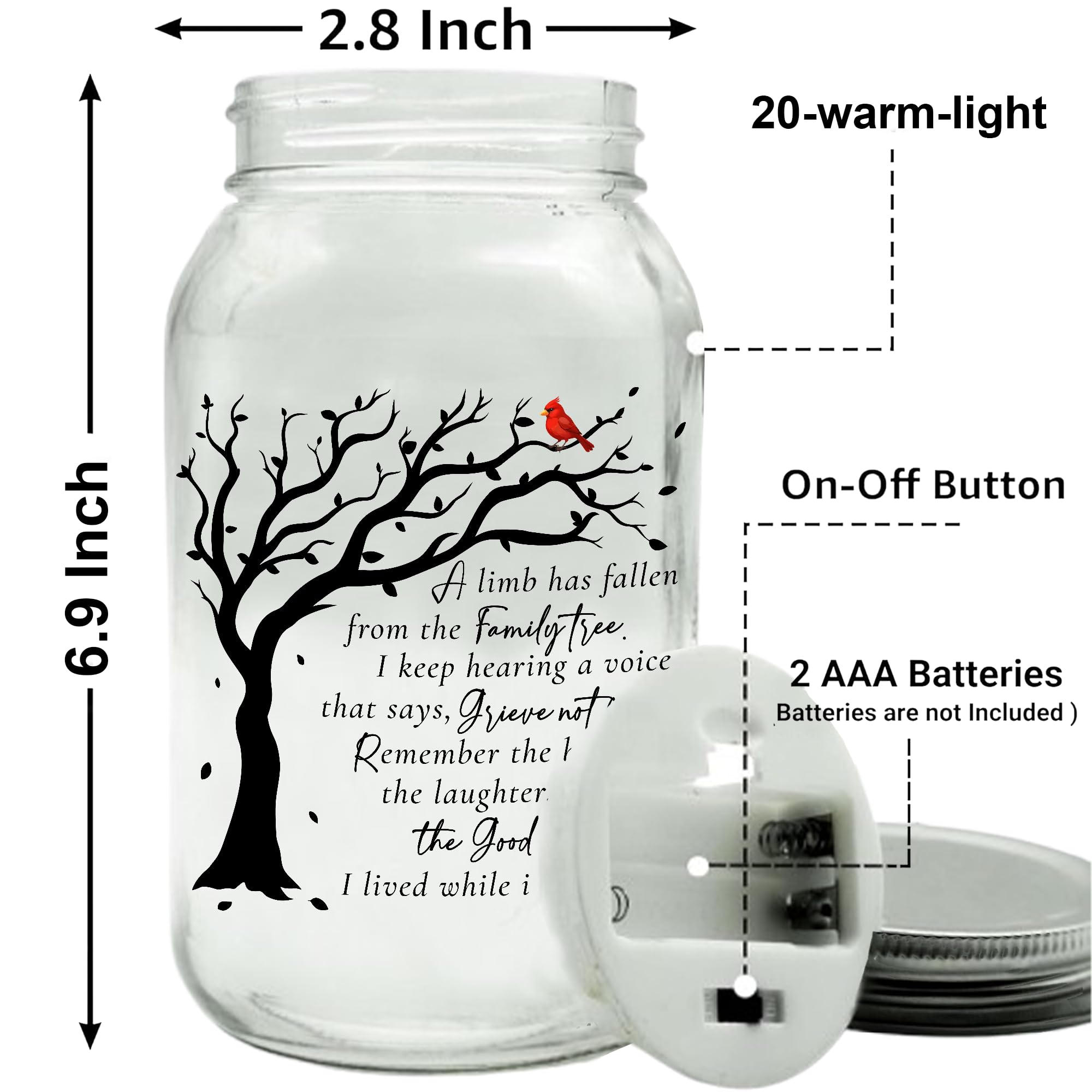 Memorial Gifts Mason Jar Light Large, Red Cardinal - Memory Gifts for Loss Loved Ones, A Limb Has Fallen From Our Family Tree, S