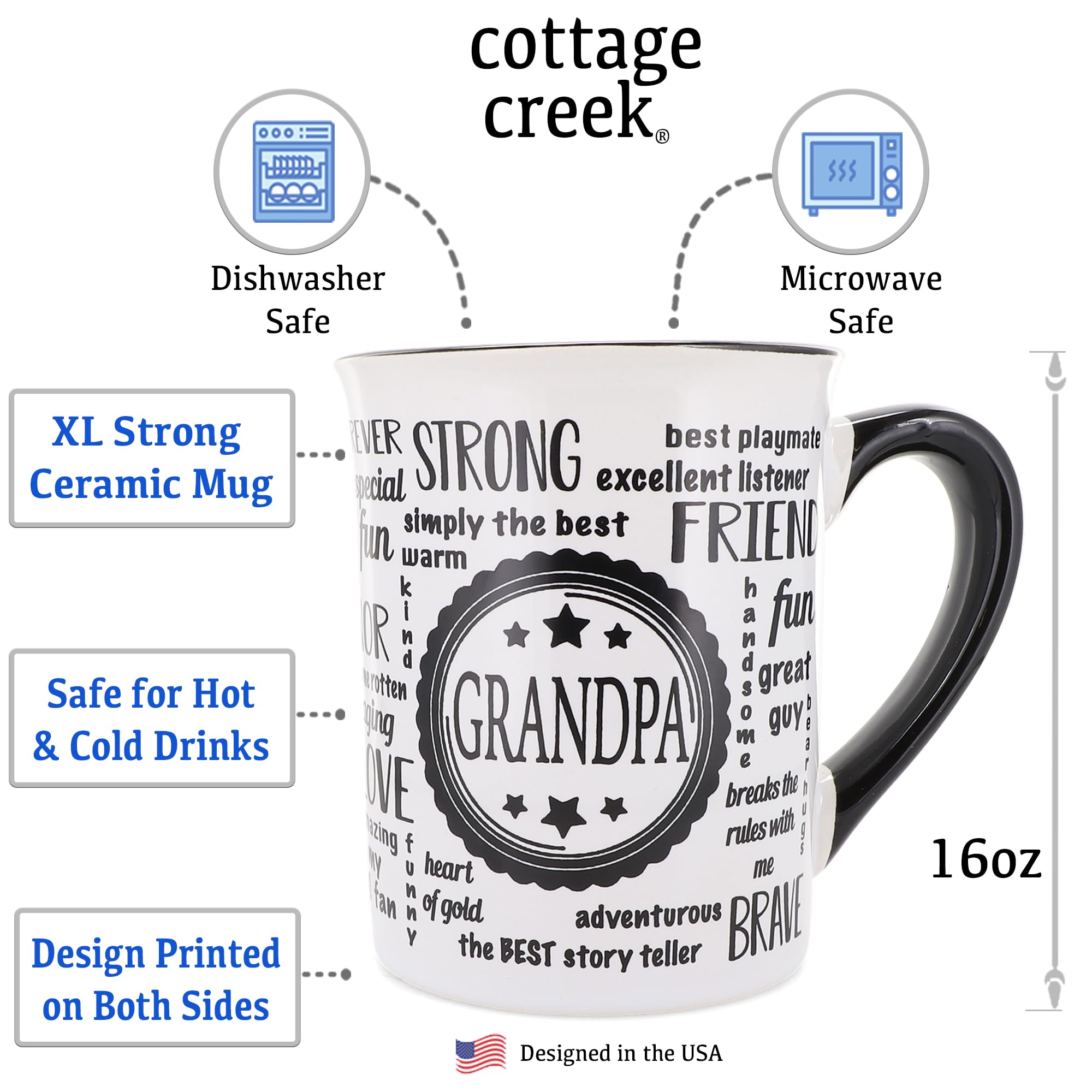 Cottage Creek Grandpa Mug, 16Oz Ceramic Gift Boxed Black And White Grandpa Coffee Cup, Grandpa Gifts For New Grandparents, Gifts